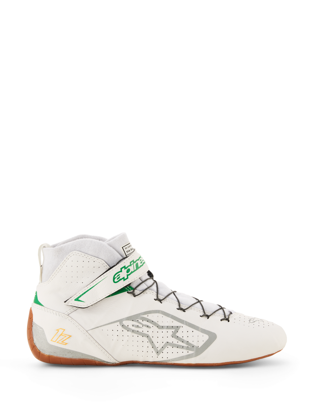 Alpinestars Tech-1 Z V3 Shoes FIA, sapatos de karting e de automobilismo, brancos com detalhes em verde e cor de goma, vista lateral com o logótipo Alpinestars prateado, parte superior em pele perfurada, silhueta de cano alto com sistema de laço rápido, design profissional para desportos motorizados
