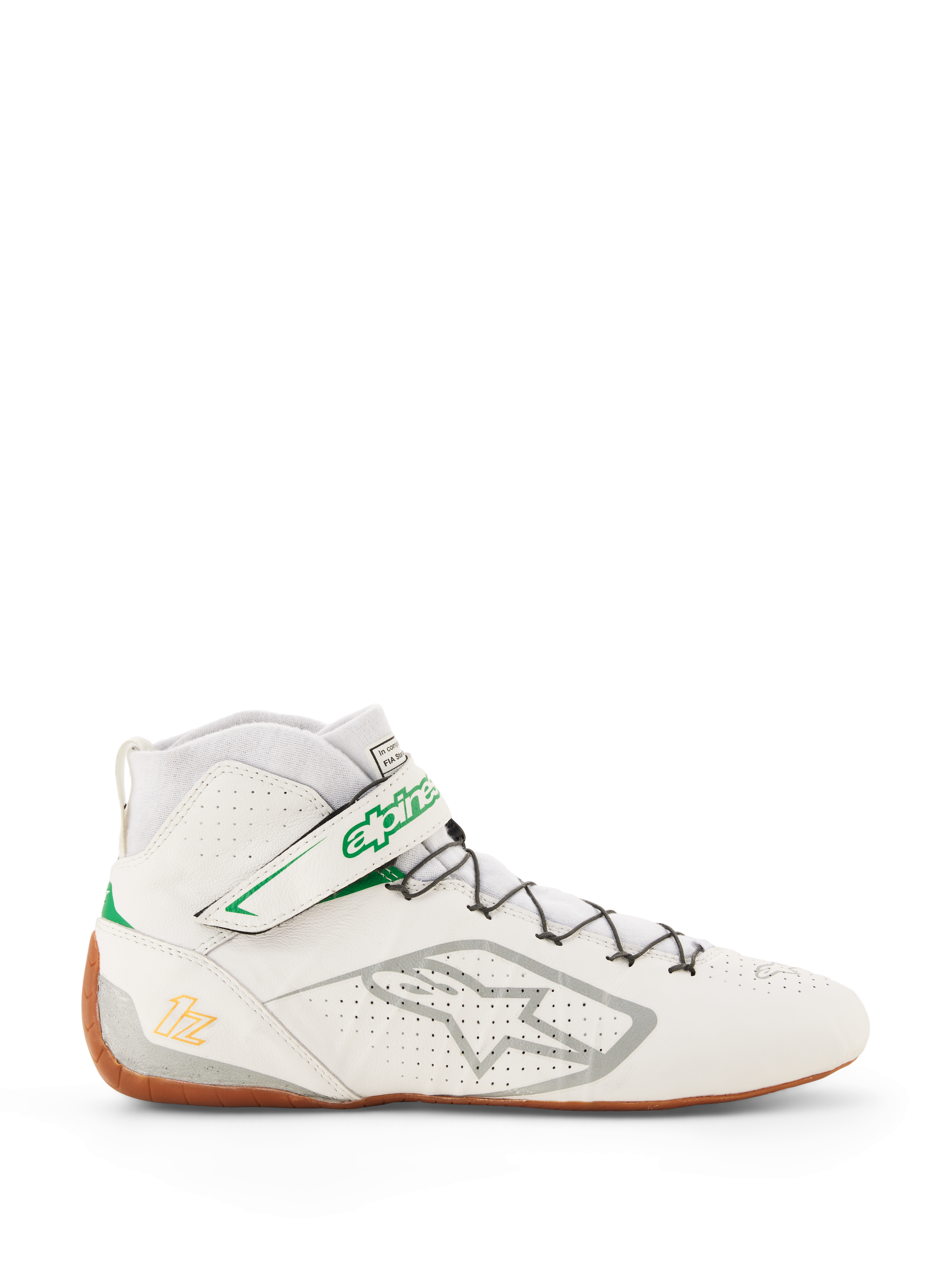 Alpinestars Tech-1 Z V3 Shoes FIA, sapatos de karting e de automobilismo, brancos com detalhes em verde e cor de goma, vista lateral com o logótipo Alpinestars prateado, parte superior em pele perfurada, silhueta de cano alto com sistema de laço rápido, design profissional para desportos motorizados