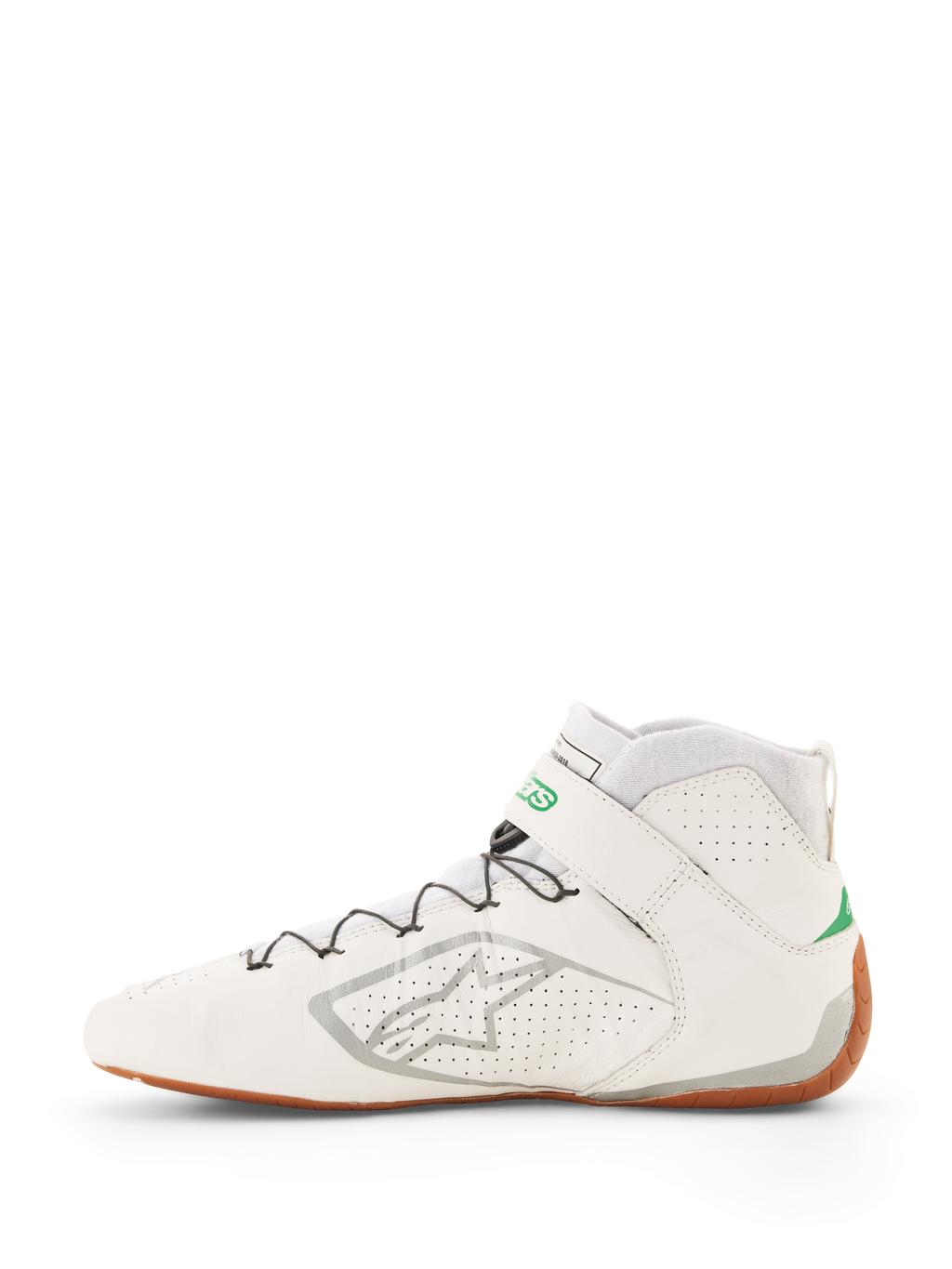 Sapatos Alpinestars Tech-1 Z V3 FIA, sapatos de competição brancos com detalhes em verde e prateado, sola gum, design de cano alto em couro perfurado, sistema de atacadores rápidos com fios de suporte, logótipo Alpinestars prateado na lateral