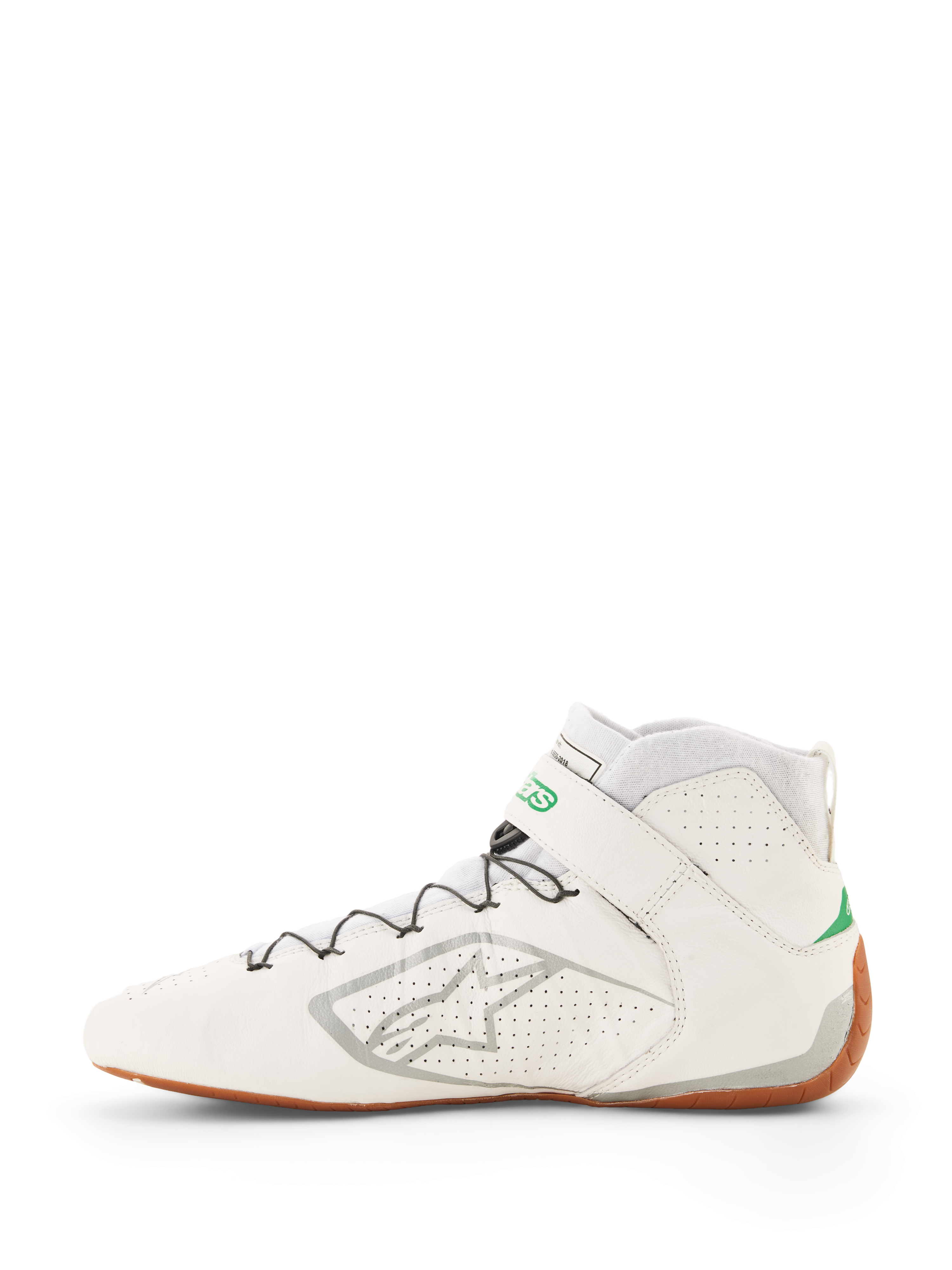 Sapatos Alpinestars Tech-1 Z V3 FIA, sapatos de competição brancos com detalhes em verde e prateado, sola gum, design de cano alto em couro perfurado, sistema de atacadores rápidos com fios de suporte, logótipo Alpinestars prateado na lateral
