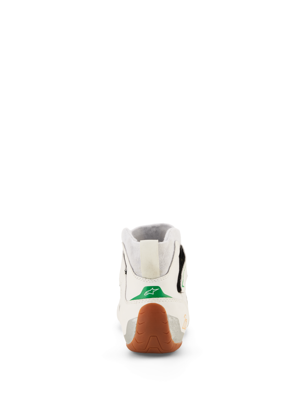 Sapatos Alpinestars Tech-1 Z V3 FIA, sapatos de karting e corridas de automóveis, branco, verde, gum e prateado, vista traseira com pormenor verde no calcanhar e logótipo de estrela branco, sola de borracha texturizada envolvente no calcanhar, painéis laterais prateados e colarinho de malha elástica.