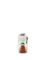 Sapatos Alpinestars Tech-1 Z V3 FIA, sapatos de karting e corridas de automóveis, branco, verde, gum e prateado, vista traseira com pormenor verde no calcanhar e logótipo de estrela branco, sola de borracha texturizada envolvente no calcanhar, painéis laterais prateados e colarinho de malha elástica.