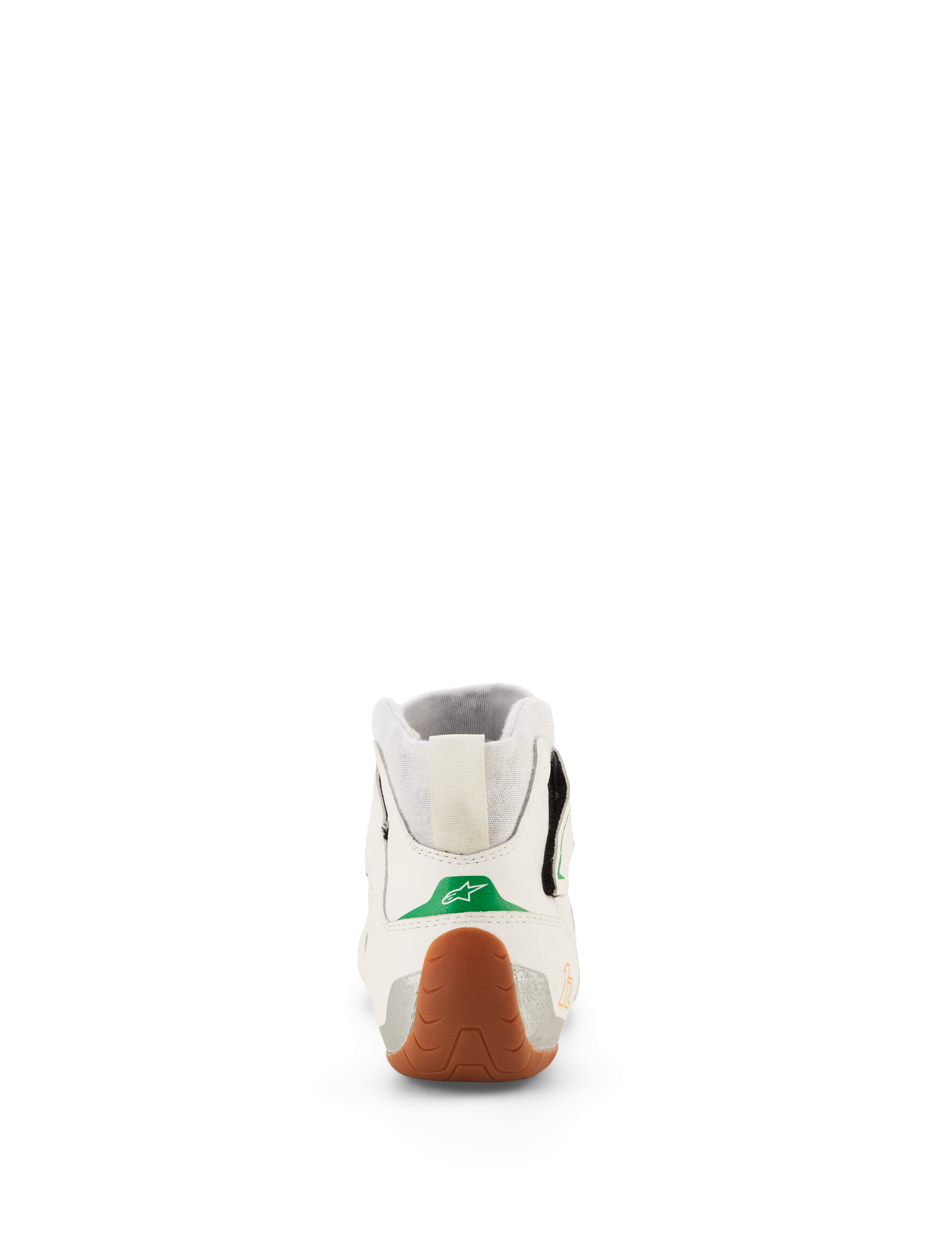 Sapatos Alpinestars Tech-1 Z V3 FIA, sapatos de karting e corridas de automóveis, branco, verde, gum e prateado, vista traseira com pormenor verde no calcanhar e logótipo de estrela branco, sola de borracha texturizada envolvente no calcanhar, painéis laterais prateados e colarinho de malha elástica.