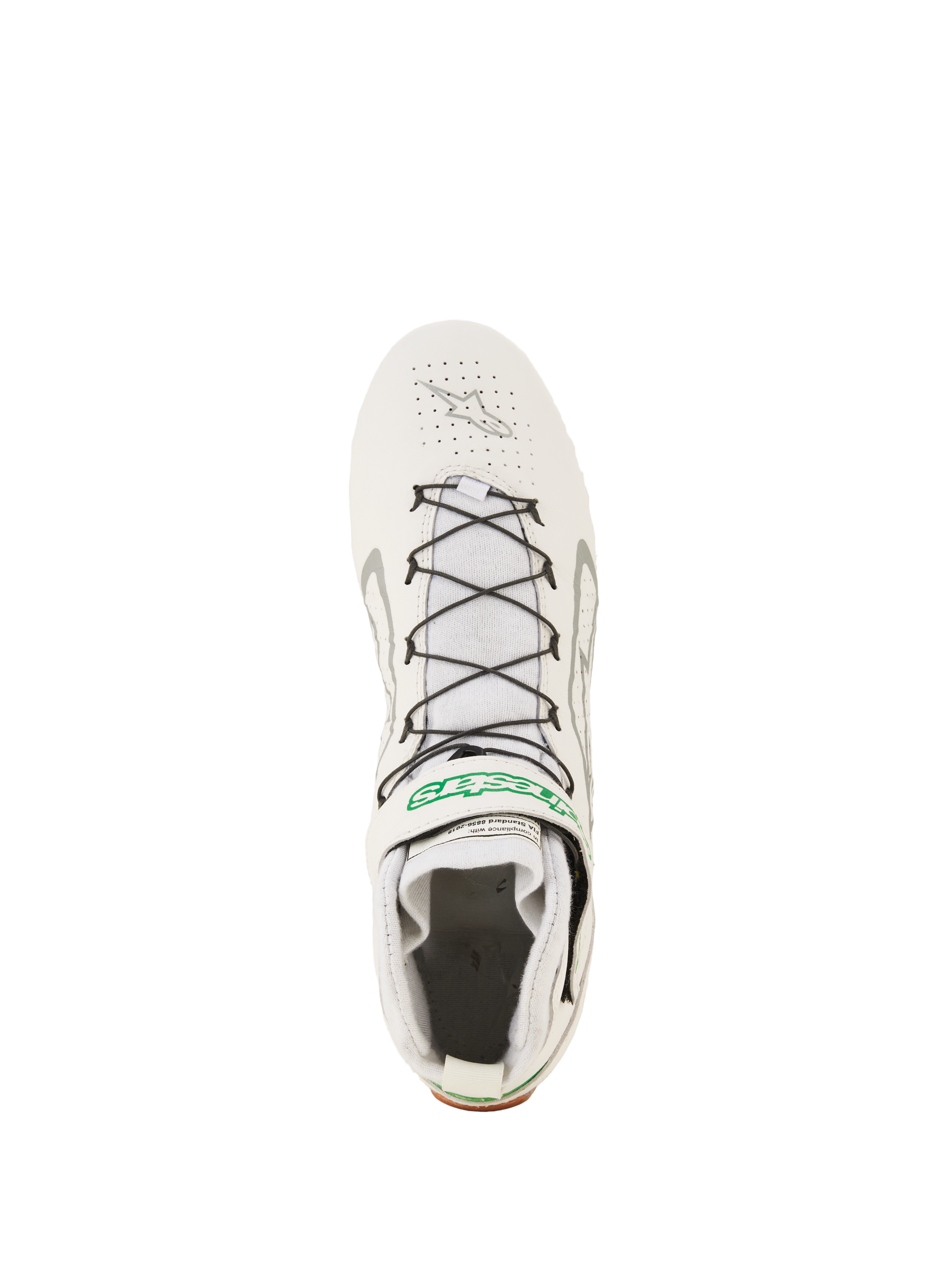Sapatos Alpinestars Tech-1 Z V3 FIA, calçado profissional de competição automóvel, branco, verde e prateado, vista superior com sistema de laço rápido preto com suporte de fio, parte superior em couro perfurado e logótipo Alpinestars a verde na tira