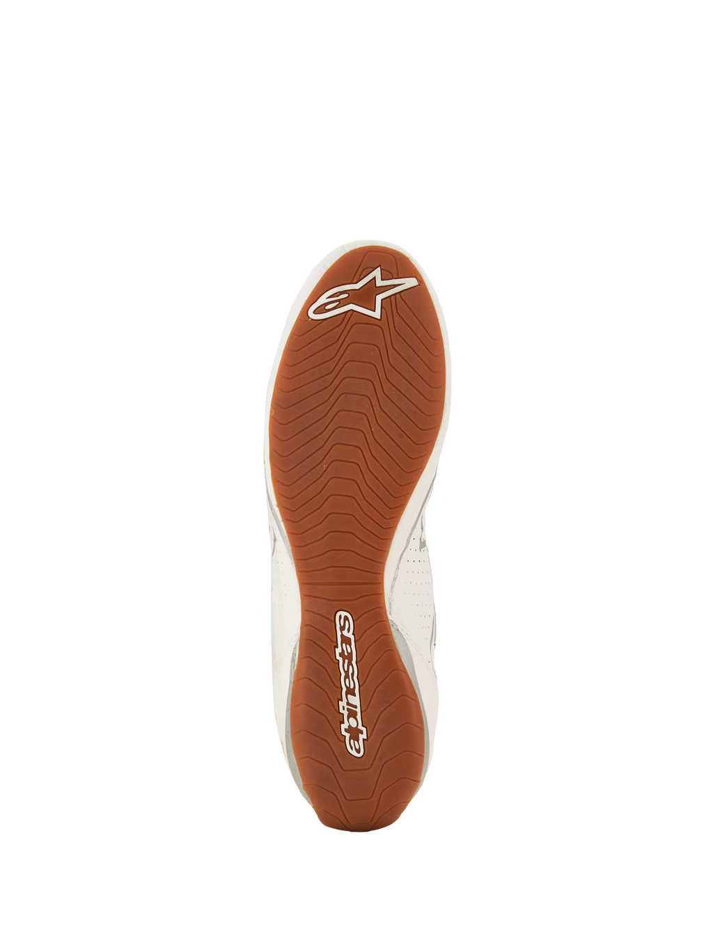 Alpinestars Tech-1 Z V3 Shoes FIA, sapatos de competição automóvel, branco, verde, borracha e prateado, vista inferior da sola de borracha texturizada, padrão de rasto assimétrico com logótipo Alpinestars branco na biqueira e no calcanhar