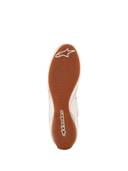 Alpinestars Tech-1 Z V3 Shoes FIA, sapatos de competição automóvel, branco, verde, borracha e prateado, vista inferior da sola de borracha texturizada, padrão de rasto assimétrico com logótipo Alpinestars branco na biqueira e no calcanhar