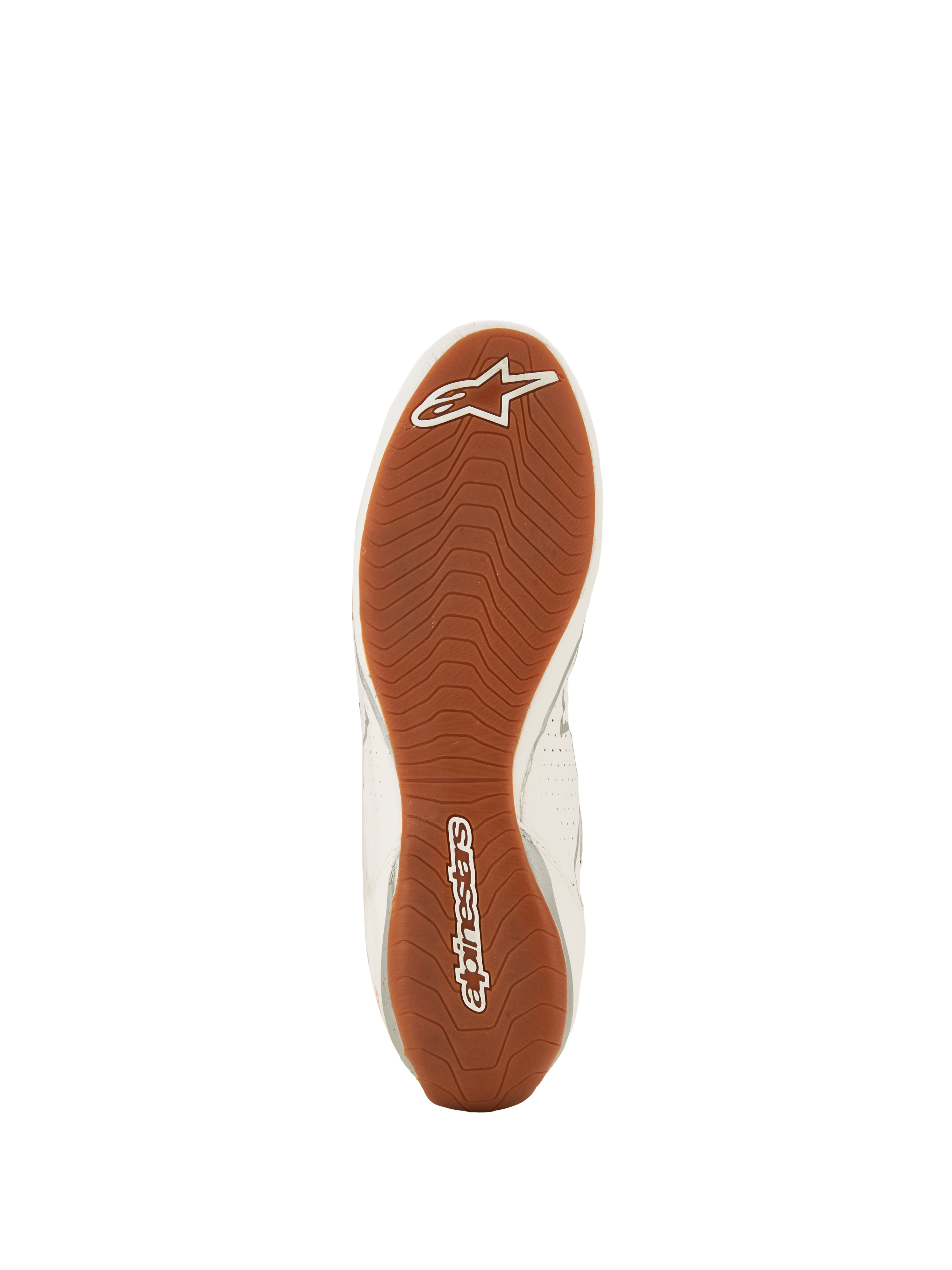 Alpinestars Tech-1 Z V3 Shoes FIA, sapatos de competição automóvel, branco, verde, borracha e prateado, vista inferior da sola de borracha texturizada, padrão de rasto assimétrico com logótipo Alpinestars branco na biqueira e no calcanhar