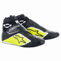 Alpinestars Supermono V2 Shoes FIA, calçado de automobilismo, pretos, amarelo néon e brancos, design de cano alto com punho canelado, construção em pele de peça única perfurada com logótipos de estrela, perfil aerodinâmico elegante para desportos motorizados profissionais