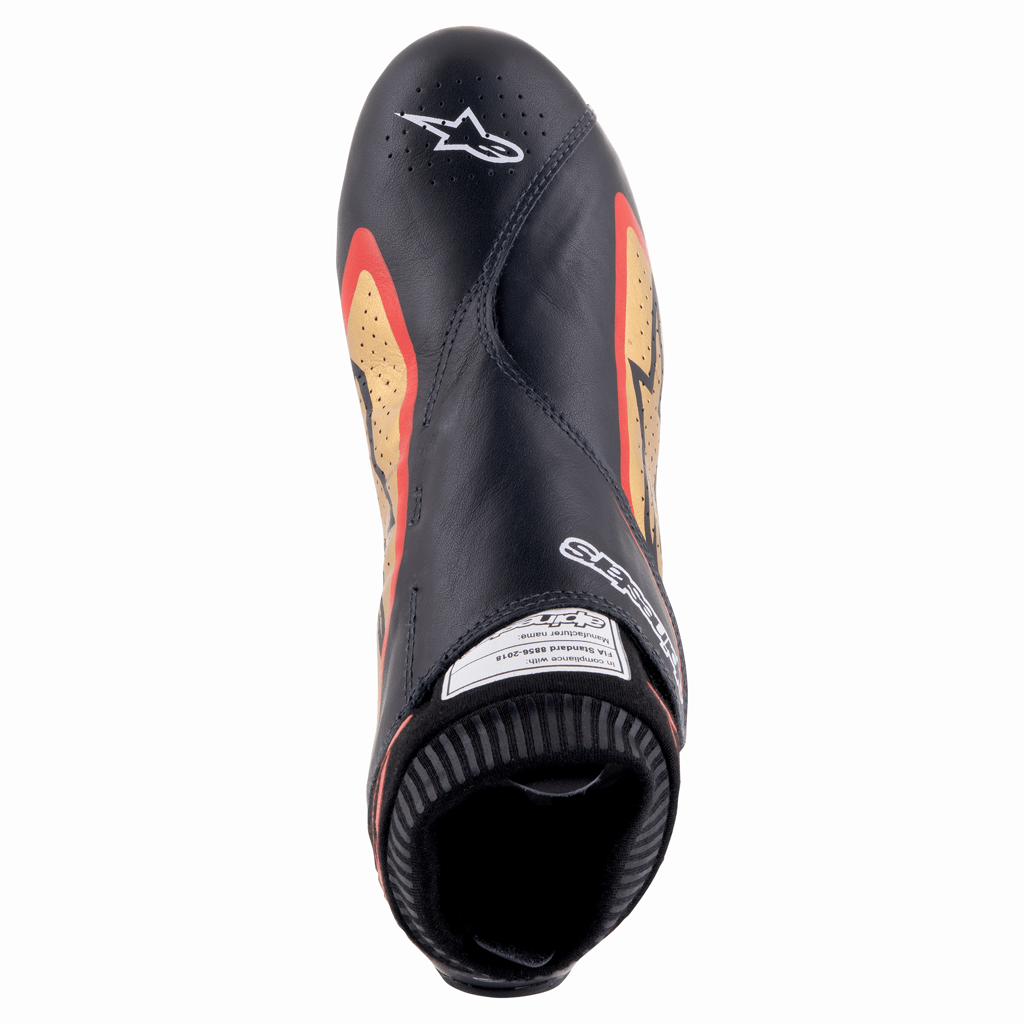 Alpinestars Supermono V2 Shoes FIA, Pretos, Dourados e Vermelhos, vista superior de sapato de corrida ultraleve, pele preta premium com detalhes laterais em dourado e vermelho, zonas perfuradas para ventilação e logótipo Alpinestars na biqueira