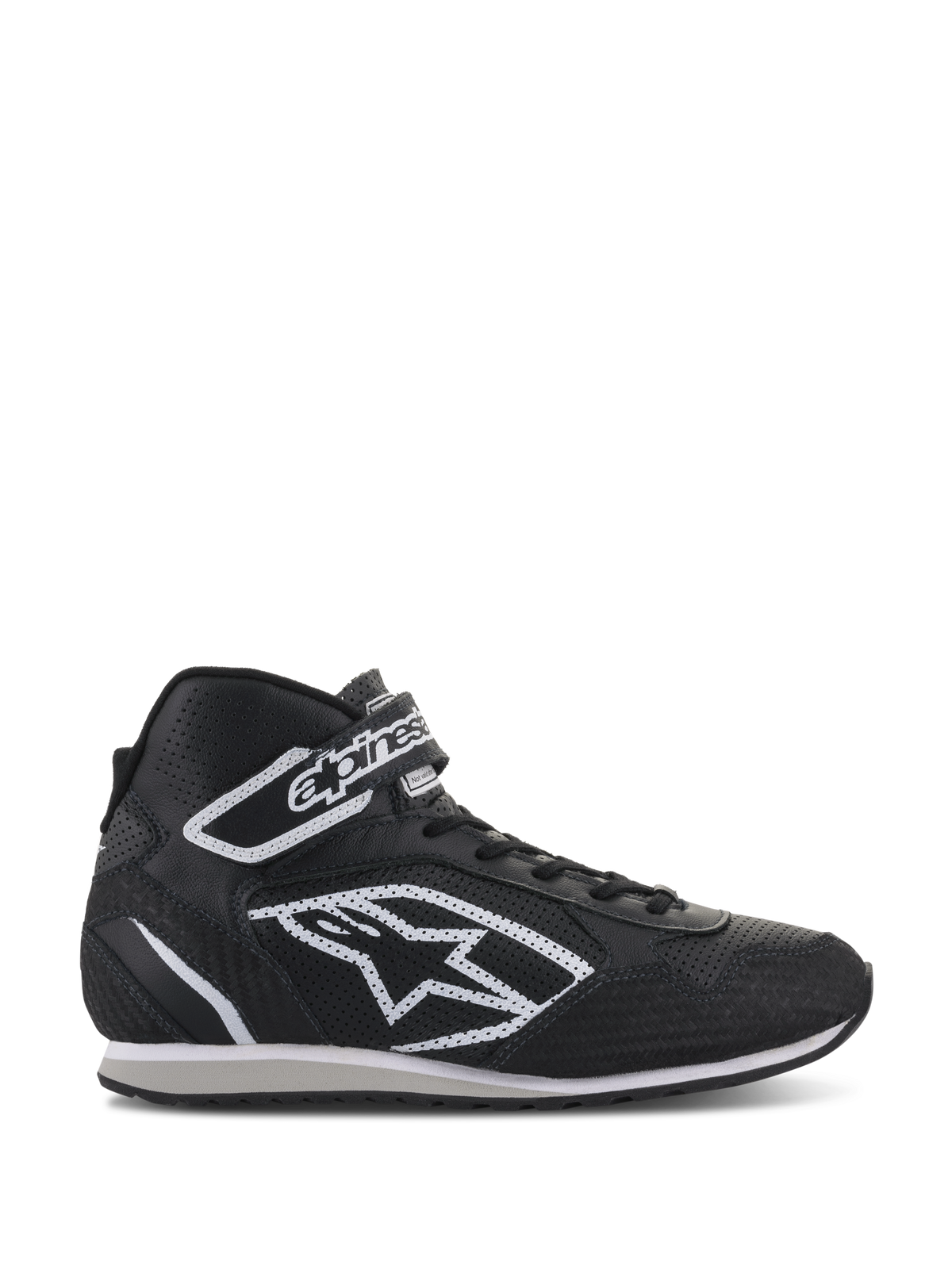 Alpinestars Radar Shoes, calçado profissional para equipas de pit-stop de automobilismo, pretos e brancos, parte superior em couro perfurado com grande logótipo de estrela branca, design de cano alto com tira de velcro no tornozelo e atacadores, estilo durável inspirado no desporto motorizado