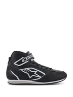 Alpinestars Radar Shoes, professional auto racing pit crew footwear, black and white, perforated leather upper with large white star logo, high-top design with Velcro ankle strap and laces, durable motorsport-inspired style