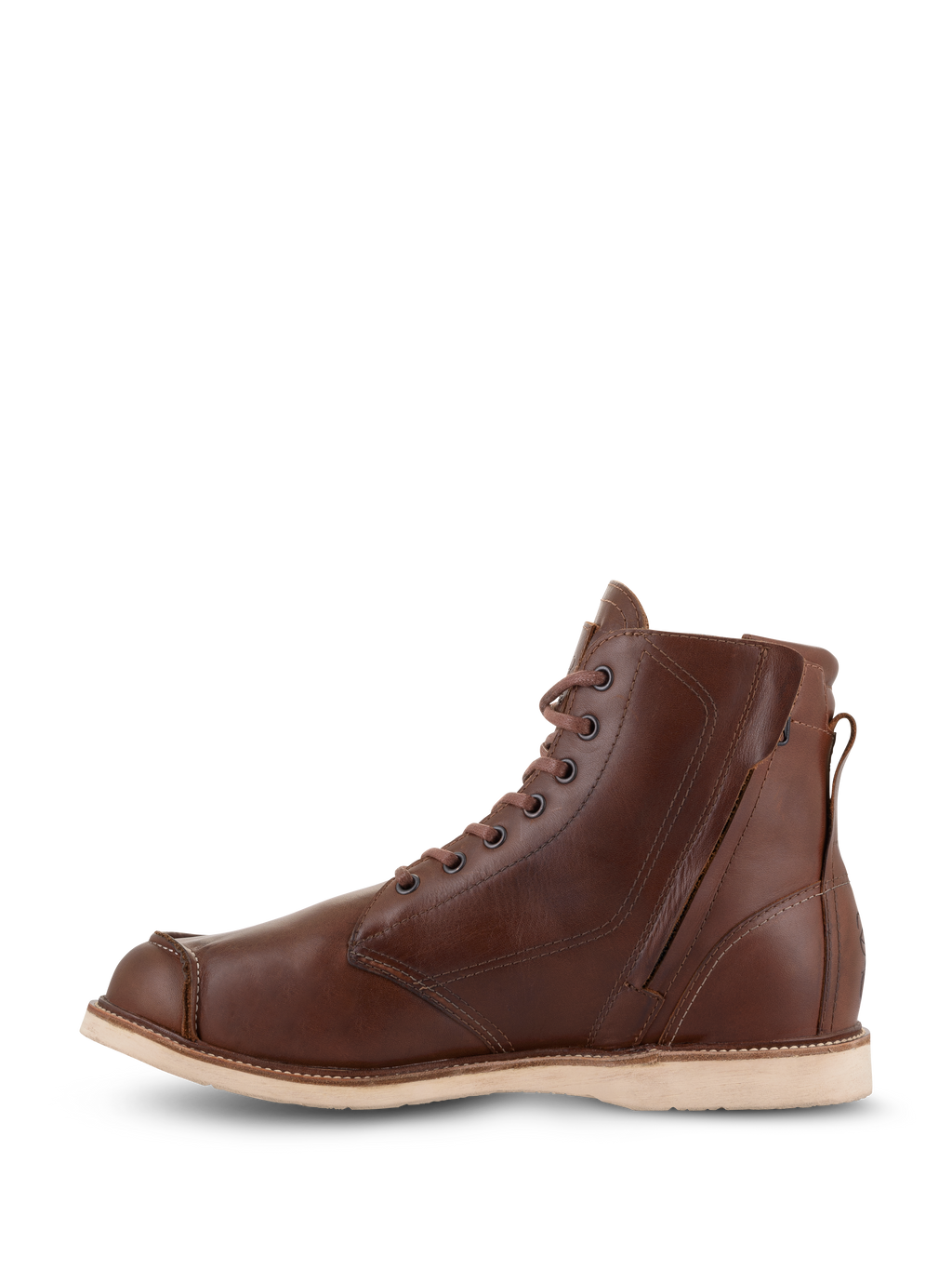 Sapatos Alpinestars Oscar Monty V2, sapatos de motociclismo em couro castanho, vista lateral interna com fecho de correr e atacadores, design moc toe com sola em cunha de cor clara, calçado de proteção de inspiração clássica