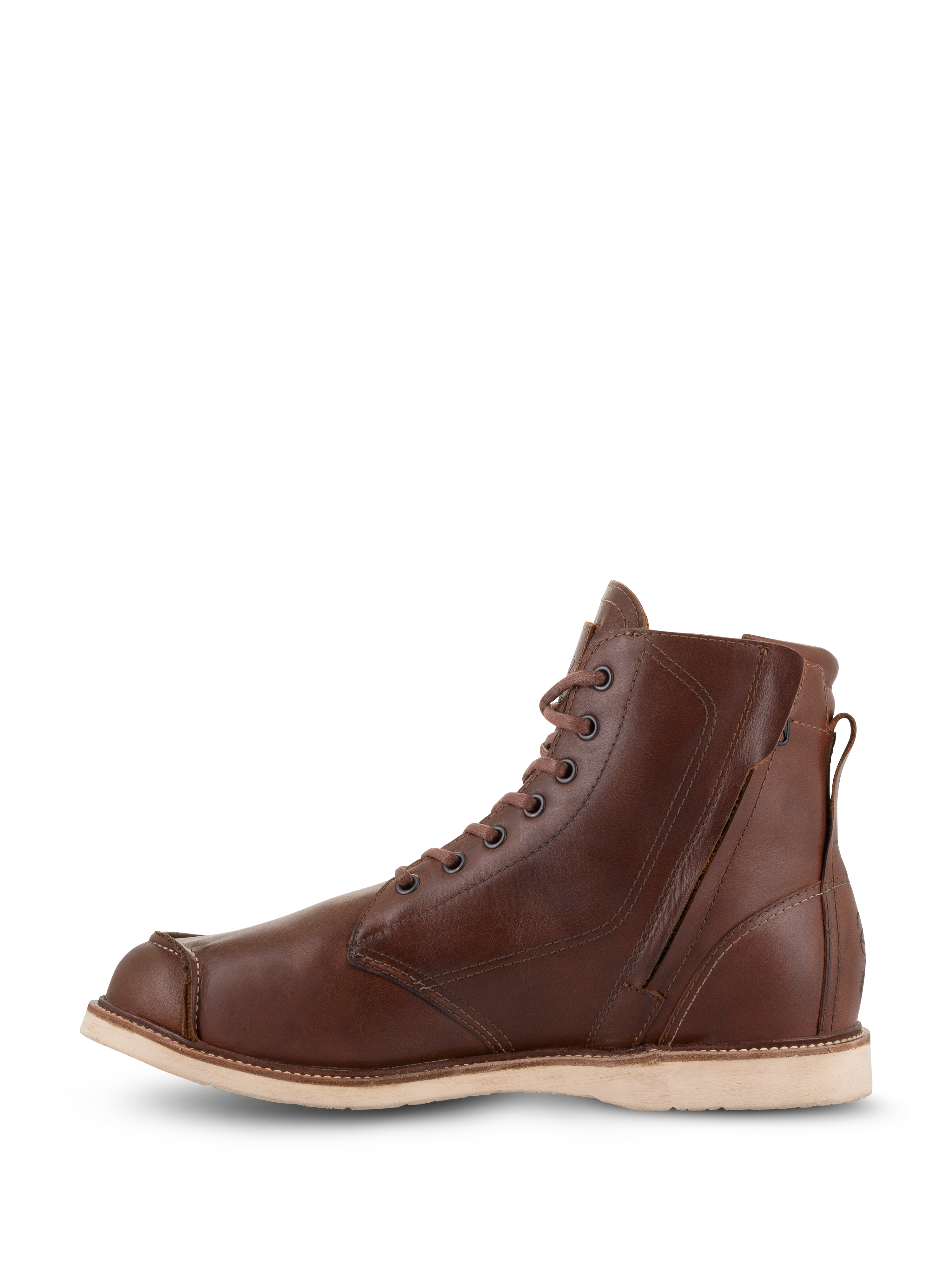 Sapatos Alpinestars Oscar Monty V2, sapatos de motociclismo em couro castanho, vista lateral interna com fecho de correr e atacadores, design moc toe com sola em cunha de cor clara, calçado de proteção de inspiração clássica