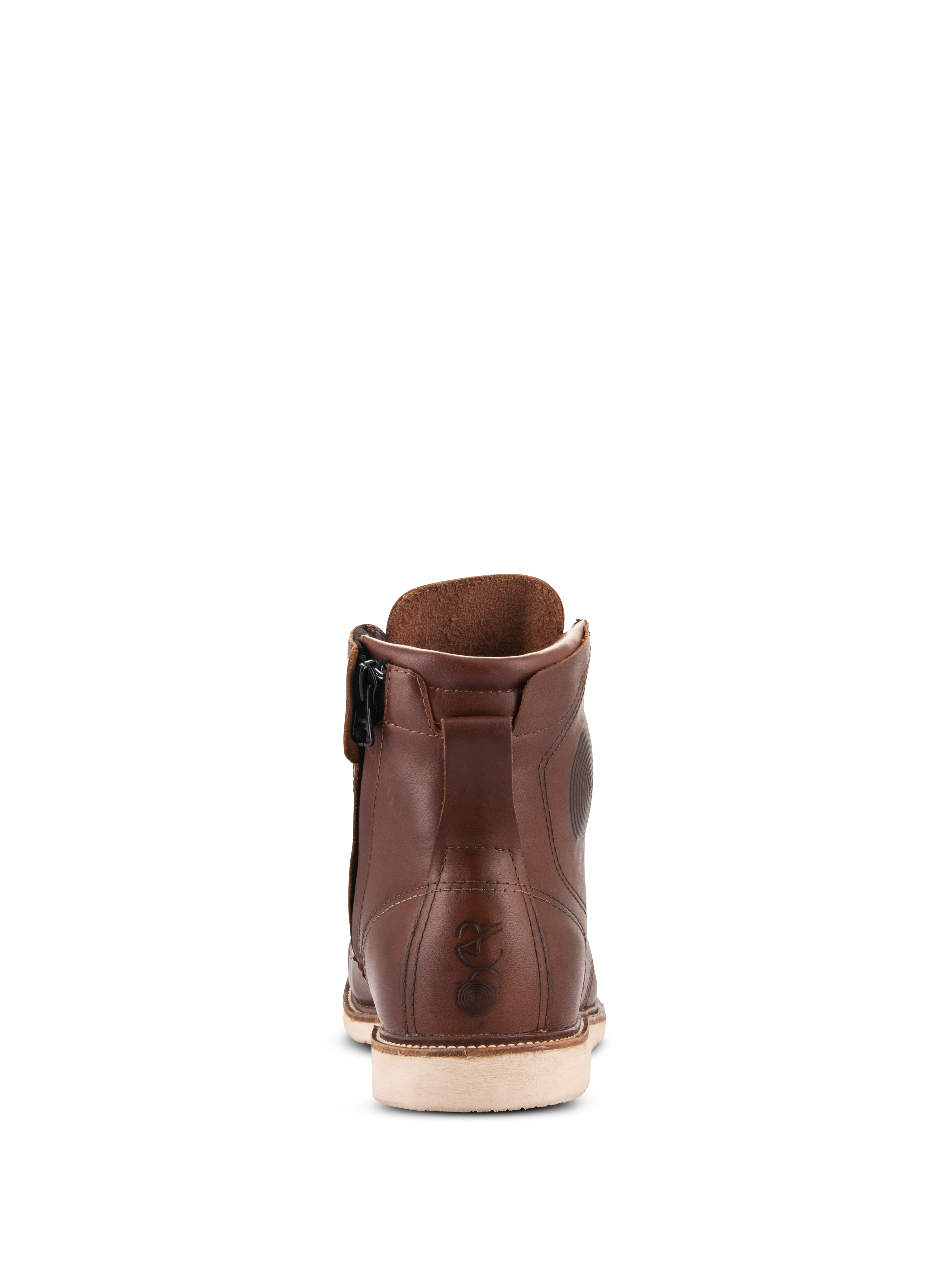 Sapatos Alpinestars Oscar Monty V2, sapato de motociclismo em couro castanho, vista traseira com sola em cunha branca e fecho lateral medial, logótipo Oscar em relevo no calcanhar, design de calçado urbano inspirado na herança