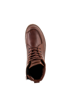 Sapatos Alpinestars Oscar Monty V2, sapatos de motociclismo castanhos, vista superior mostrando a construção em couro de flor integral, costuras moc toe e atacadores castanhos, calçado urbano de inspiração heritage
