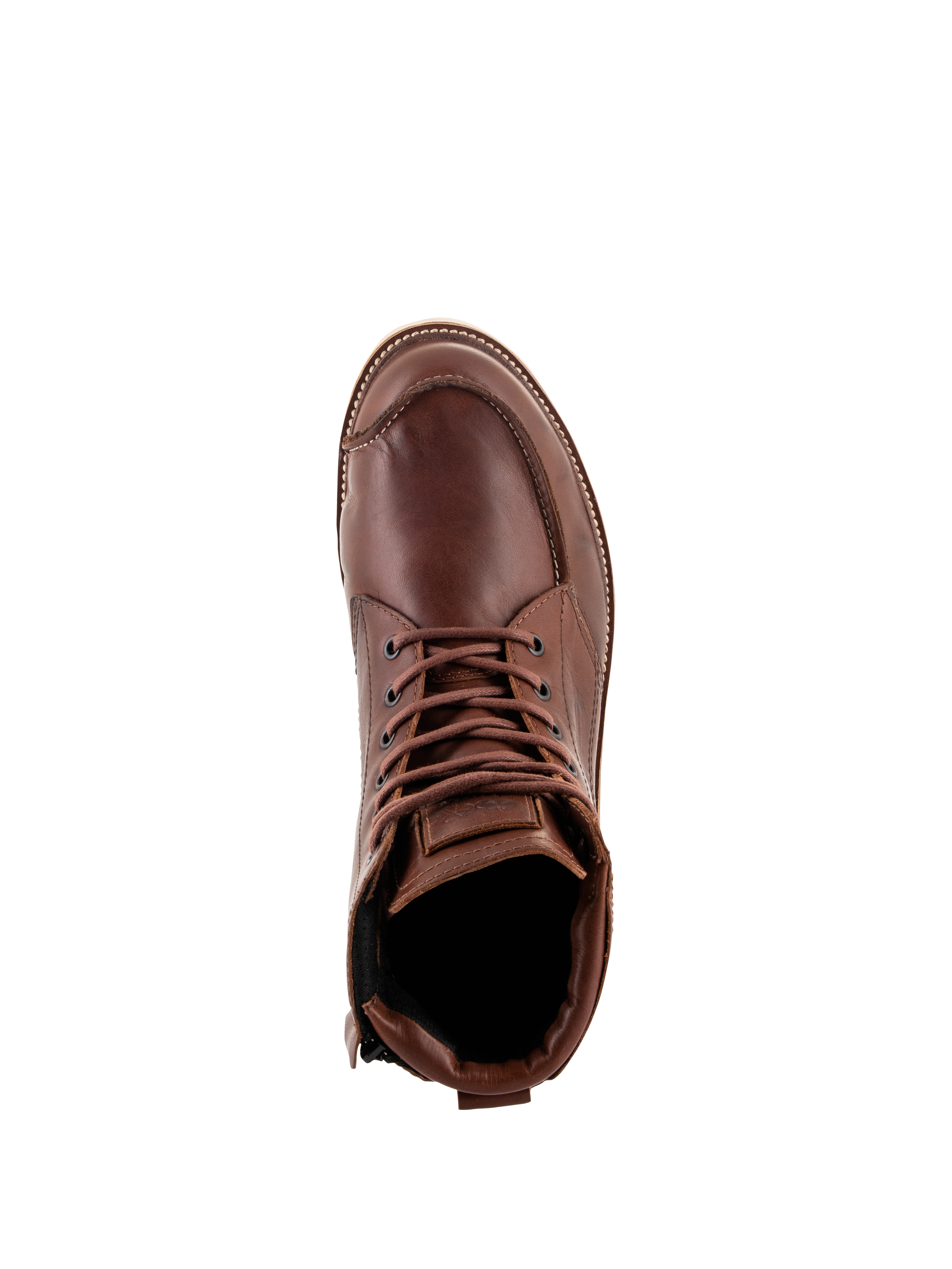 Sapatos Alpinestars Oscar Monty V2, sapatos de motociclismo castanhos, vista superior mostrando a construção em couro de flor integral, costuras moc toe e atacadores castanhos, calçado urbano de inspiração heritage