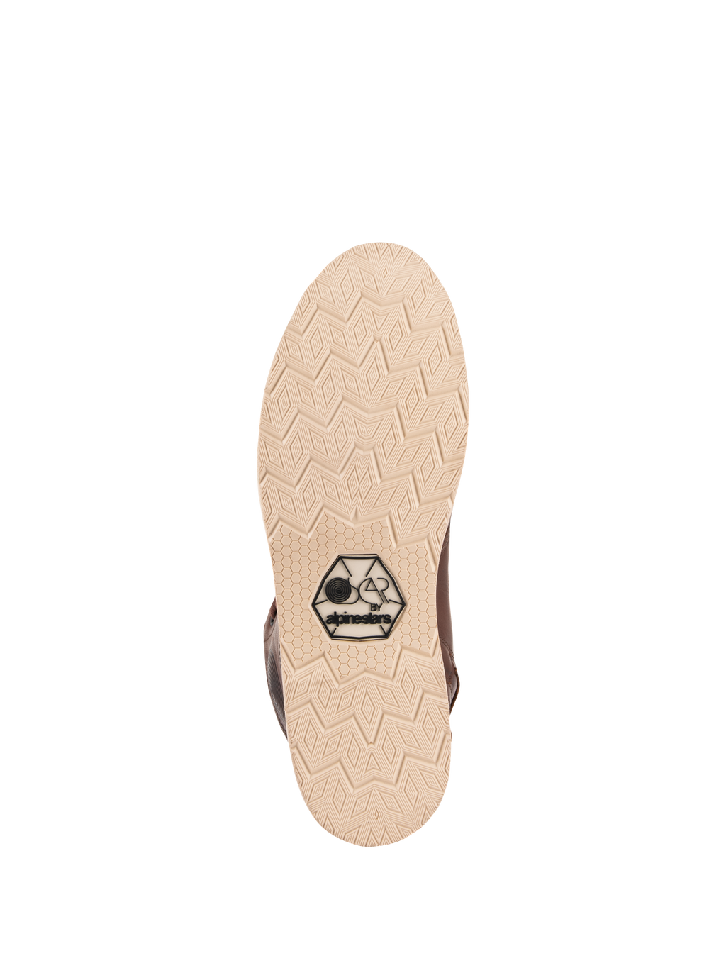 Sapatos Alpinestars Oscar Monty V2, vista da sola, sola exterior em cunha bege claro com padrão de rasto geométrico em diamante, com o logótipo preto OSCAR by Alpinestars, sapato de motociclismo urbano em pele castanha