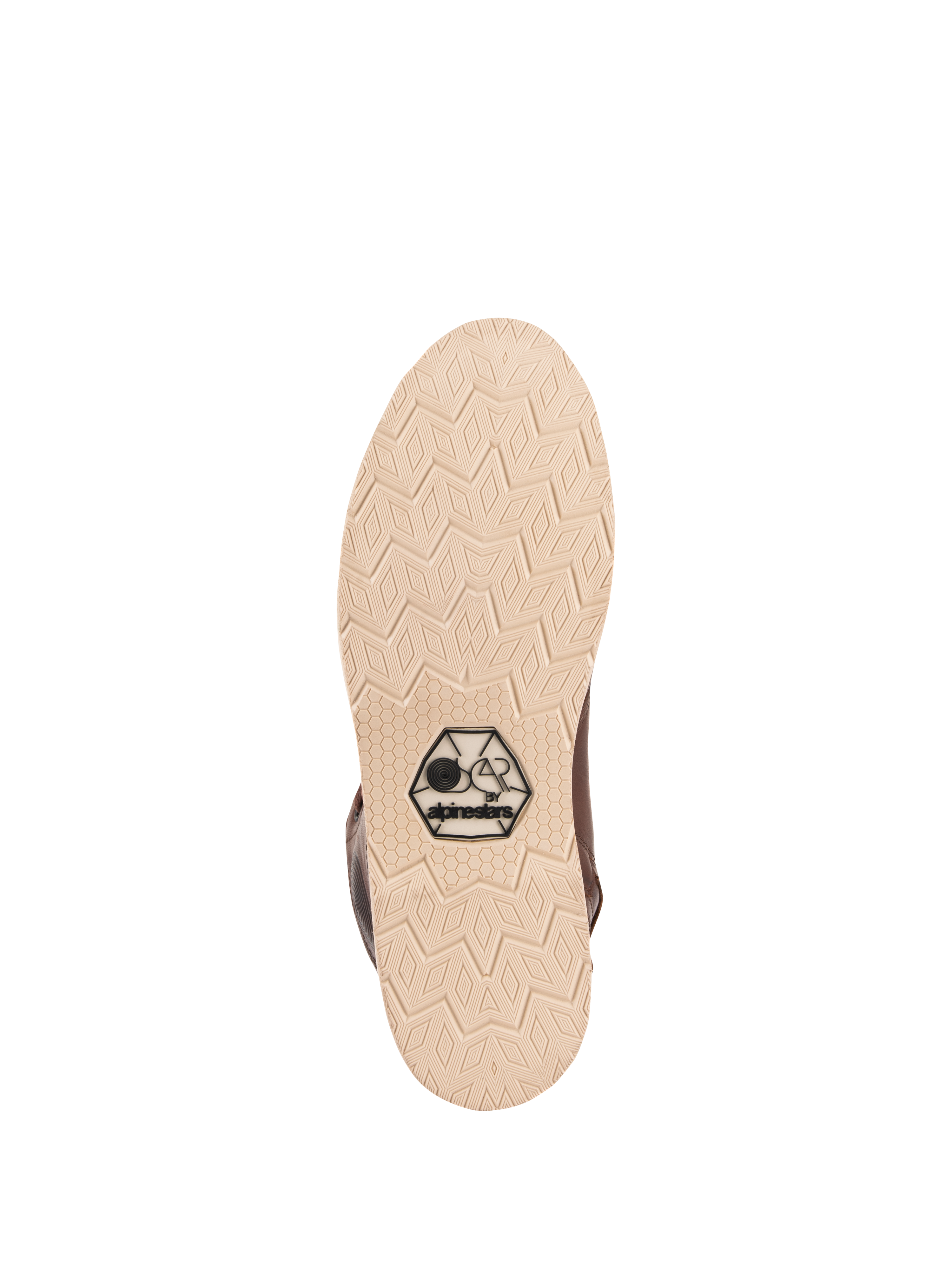 Sapatos Alpinestars Oscar Monty V2, vista da sola, sola exterior em cunha bege claro com padrão de rasto geométrico em diamante, com o logótipo preto OSCAR by Alpinestars, sapato de motociclismo urbano em pele castanha