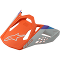 Alpinestars S-M8 Contact Helmet Visor, Motocross Helmet Replacement Peak, Matte Orange and Grey with blue and purple accents, angular design with ventilation cutouts, featuring white star logo and Astars lettering
