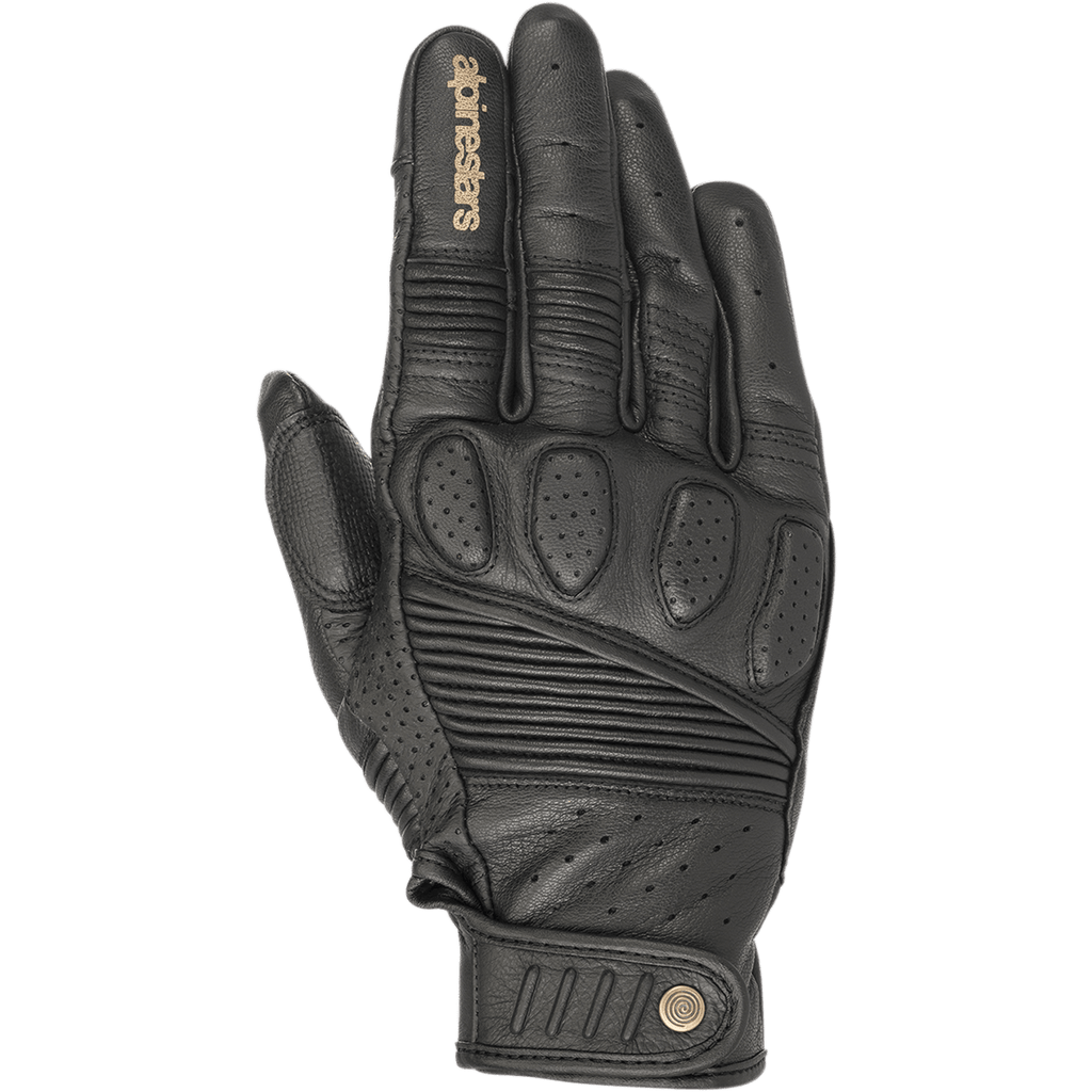 Alpinestars Crazy Eight Gloves, luvas de motociclismo em couro preto, com painéis extensíveis em acordeão nos dedos e nas costas da mão, proteção acolchoada perfurada nos nós dos dedos, logótipo Alpinestars bronze no dedo indicador e tira de velcro ajustável no pulso com detalhe de logótipo circular.