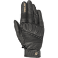 Alpinestars Crazy Eight Gloves, luvas de motociclismo em couro preto, com painéis extensíveis em acordeão nos dedos e nas costas da mão, proteção acolchoada perfurada nos nós dos dedos, logótipo Alpinestars bronze no dedo indicador e tira de velcro ajustável no pulso com detalhe de logótipo circular.
