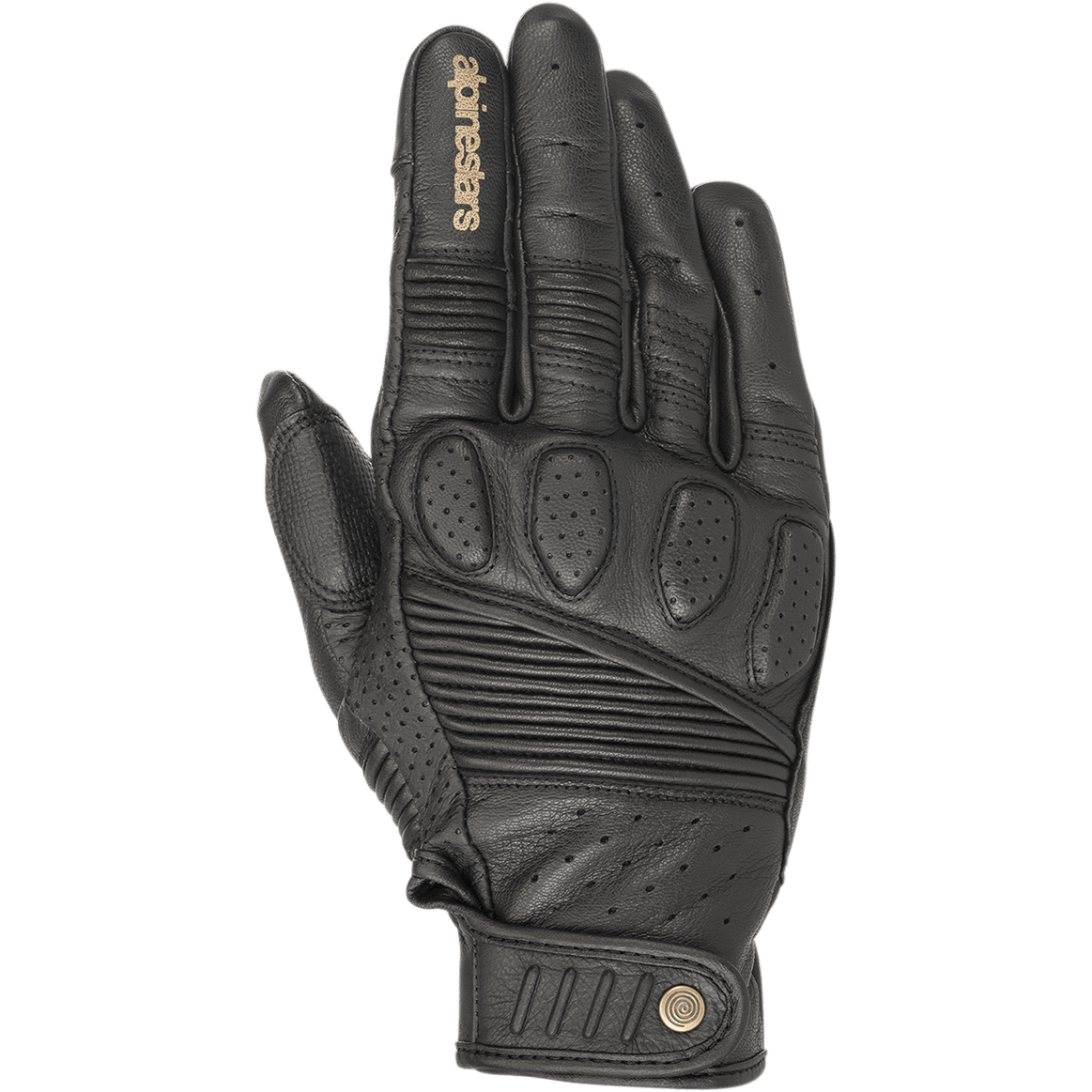 Alpinestars Crazy Eight Gloves, luvas de motociclismo em couro preto, com painéis extensíveis em acordeão nos dedos e nas costas da mão, proteção acolchoada perfurada nos nós dos dedos, logótipo Alpinestars bronze no dedo indicador e tira de velcro ajustável no pulso com detalhe de logótipo circular.