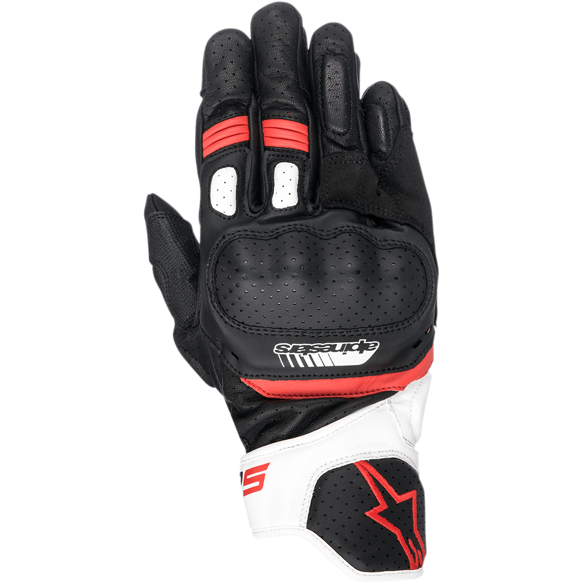 Luvas Alpinestars SP-5, luvas de motociclismo de corrida, pretas, brancas e vermelhas, com proteção das articulações em pele perfurada, punho curto com detalhes em branco e vermelho, logótipo Alpinestars, design ergonómico para condução desportiva