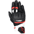 Luvas Alpinestars SP-5, luvas de motociclismo de corrida, pretas, brancas e vermelhas, com proteção das articulações em pele perfurada, punho curto com detalhes em branco e vermelho, logótipo Alpinestars, design ergonómico para condução desportiva