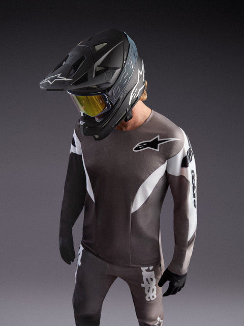 Camisola A-Supra Elite em Faded Gray, jersey de BTT leve e microperfurada com gráficos racing e logótipo ASTARS.