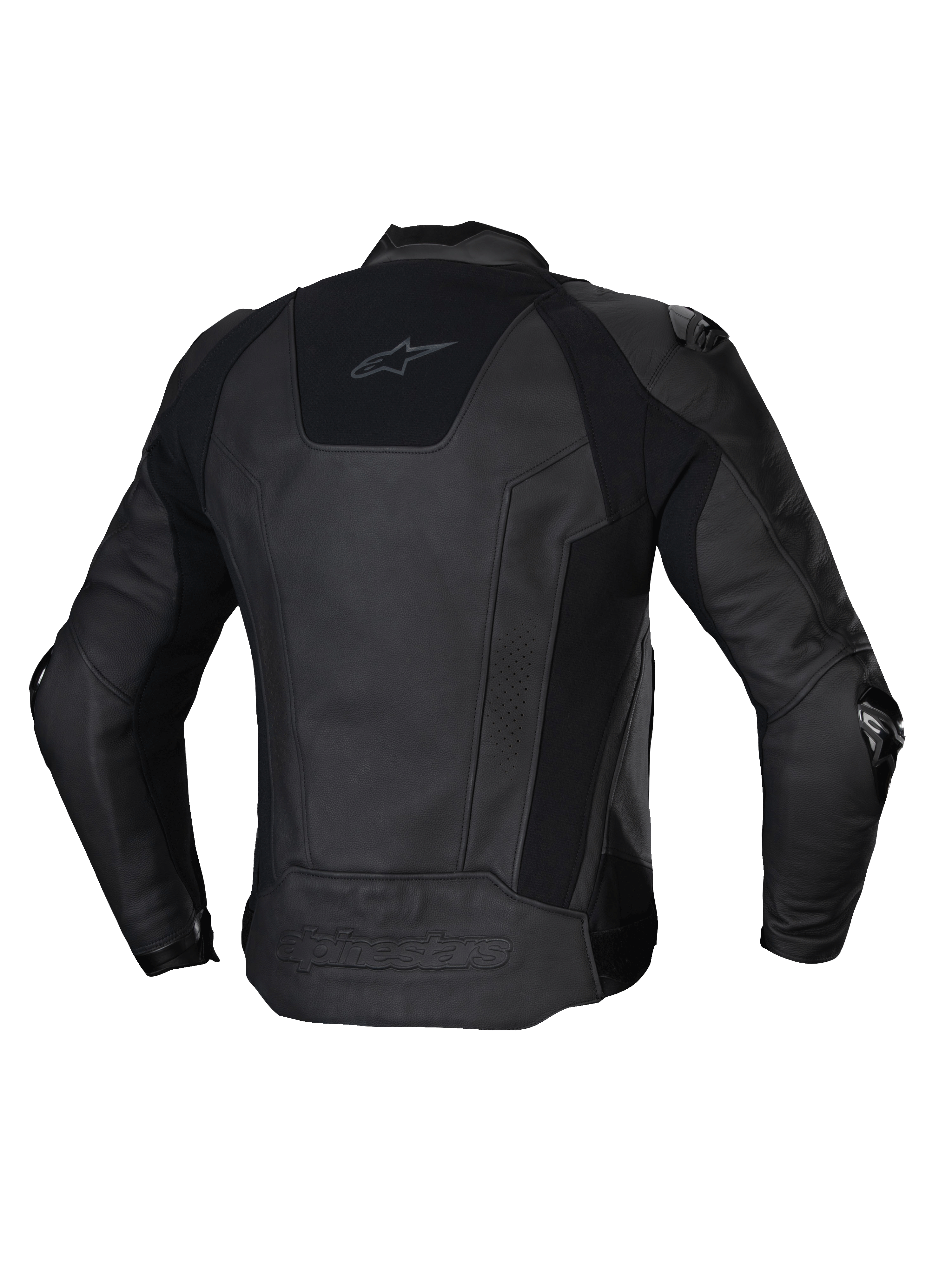 Alpinestars Missile V3 Leather Jacket, men's racing/sport motorcycle jacket, back view in Black, premium bovine race leather with stretch panels and CE certified protection