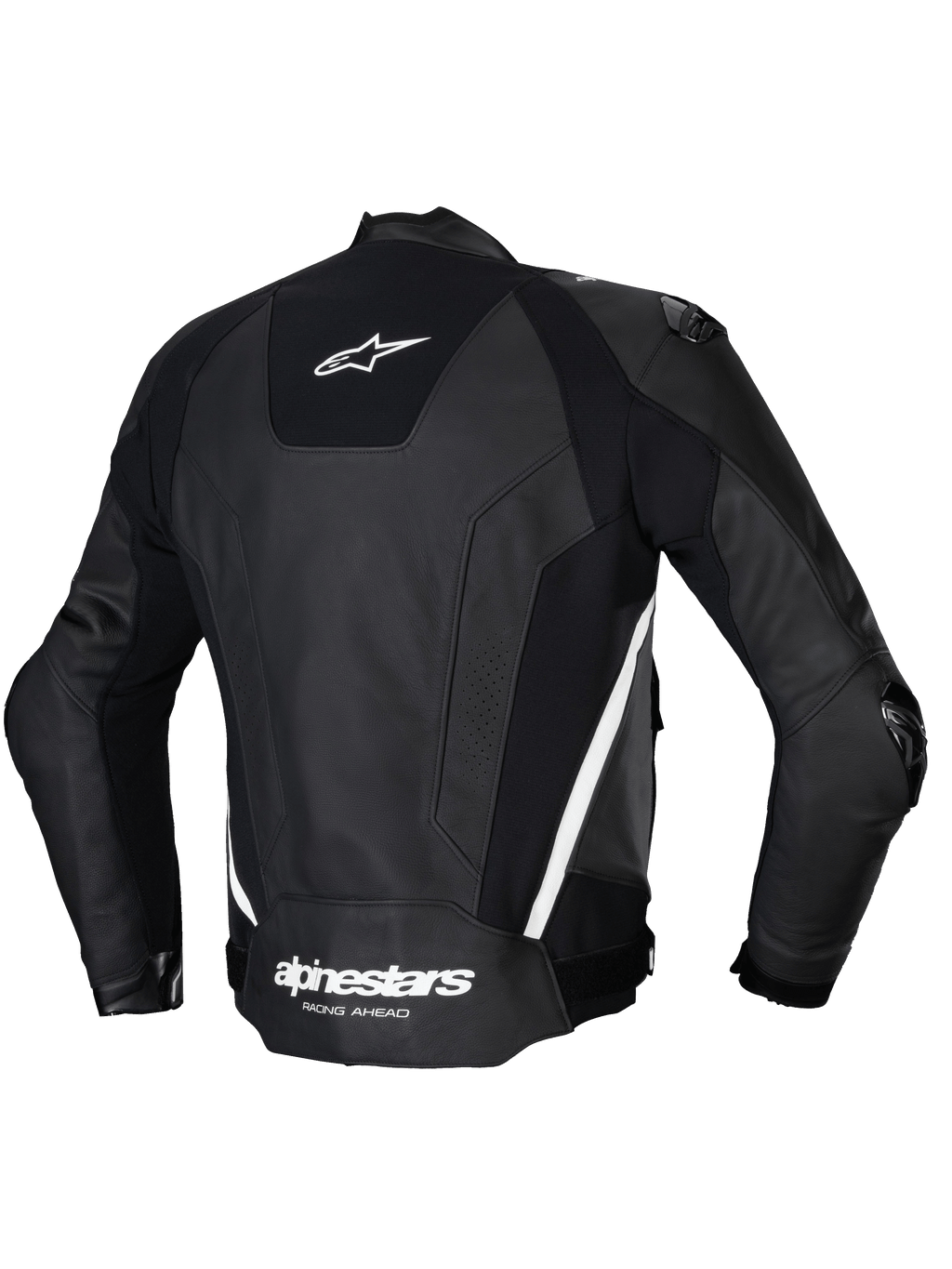 Alpinestars Jaqueta De Couro Missile V3, blusão de moto desportivo para homem, vista traseira em preto e branco, com construção em couro bovino premium, painéis elásticos e proteção externa nos ombros