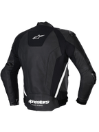 Alpinestars Jaqueta De Couro Missile V3, blusão de moto desportivo para homem, vista traseira em preto e branco, com construção em couro bovino premium, painéis elásticos e proteção externa nos ombros