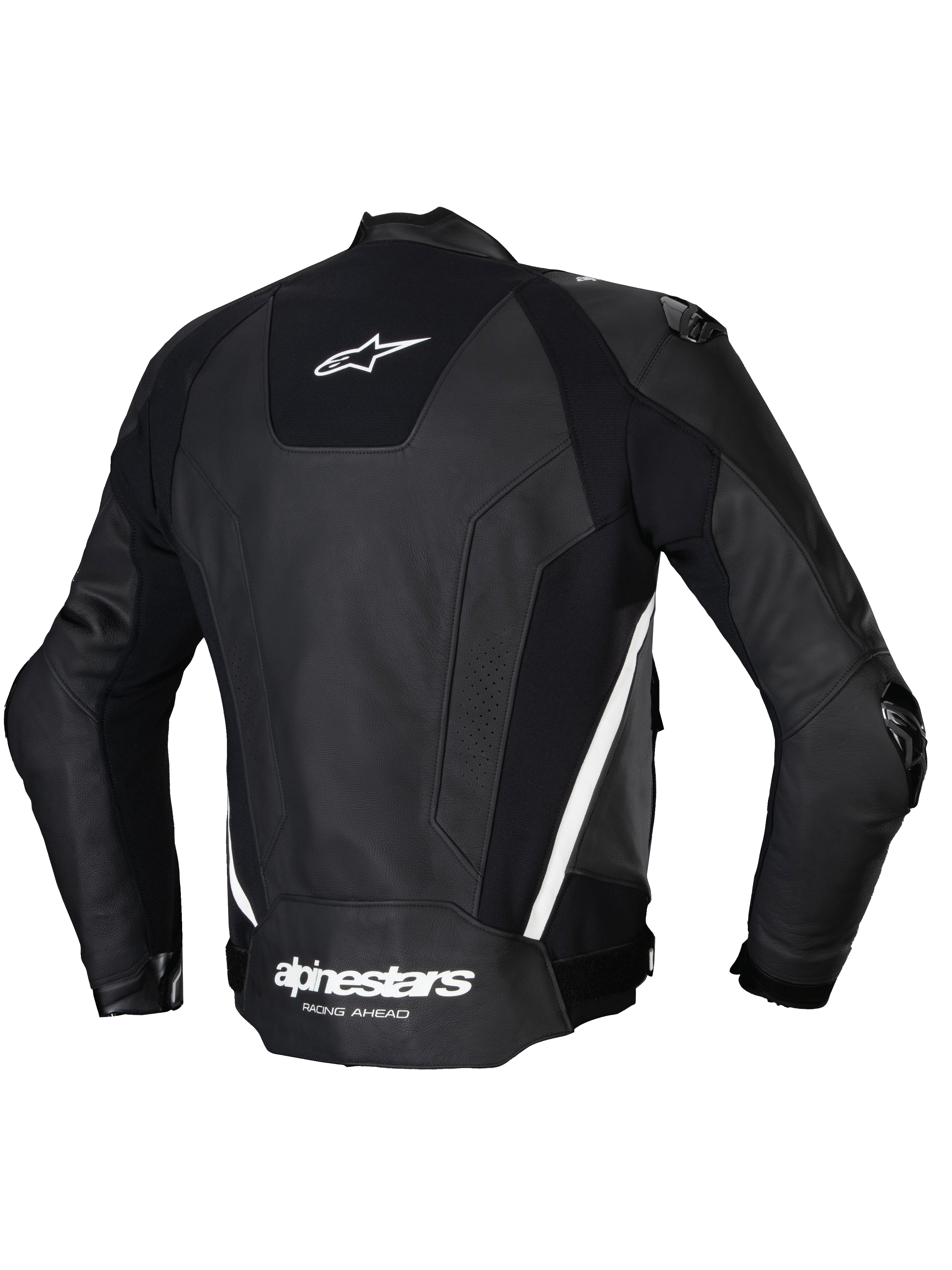 Alpinestars Jaqueta De Couro Missile V3, blusão de moto desportivo para homem, vista traseira em preto e branco, com construção em couro bovino premium, painéis elásticos e proteção externa nos ombros