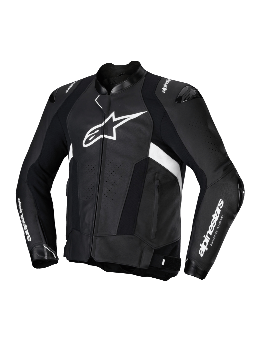 Alpinestars Missile V3 Leather Jacket, casaco de moto desportivo para homem, preto e branco, certificado CE, construção em couro bovino premium com proteção nos ombros e cotovelos