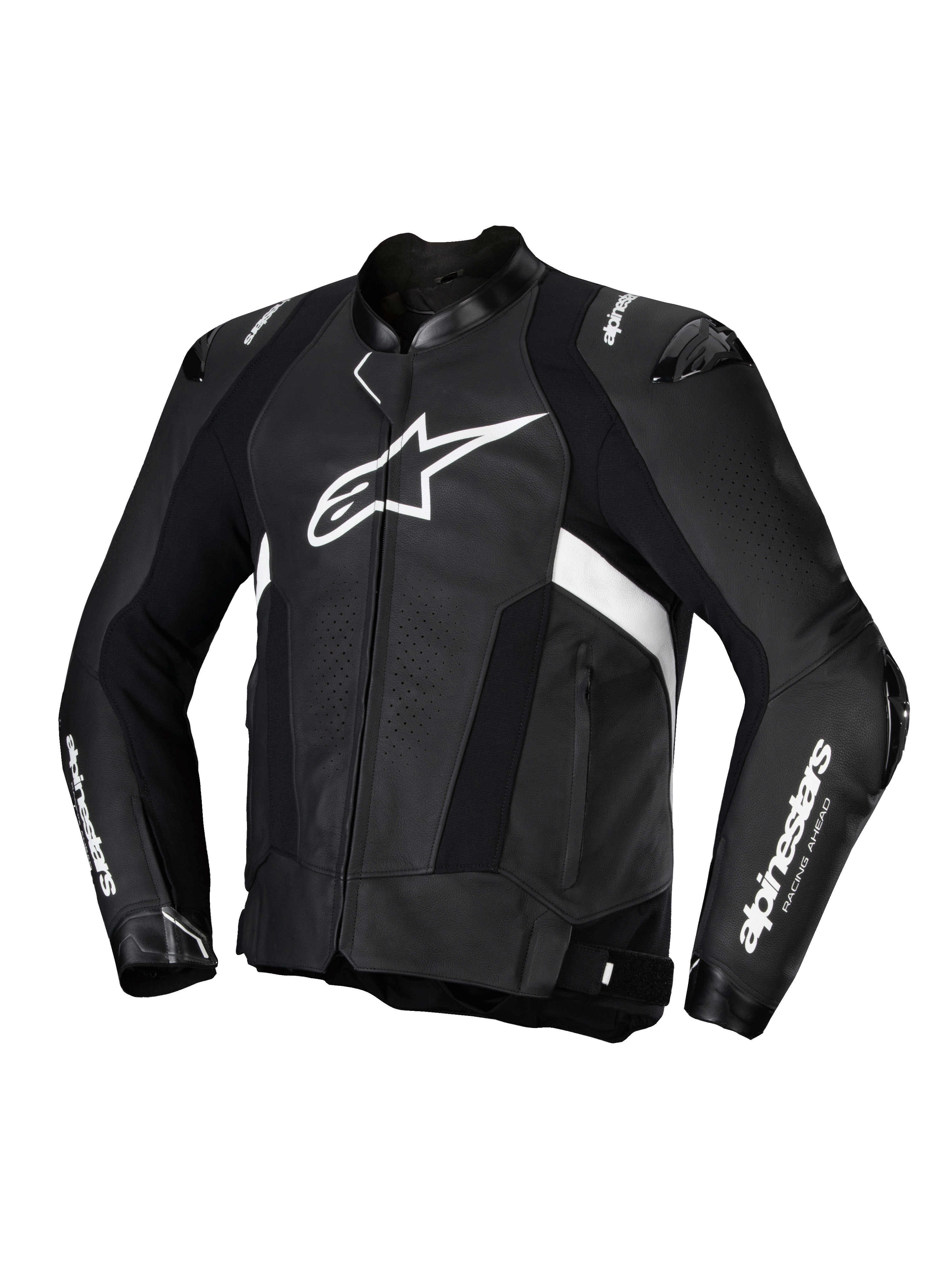 Alpinestars Missile V3 Leather Jacket, casaco de moto desportivo para homem, preto e branco, certificado CE, construção em couro bovino premium com proteção nos ombros e cotovelos