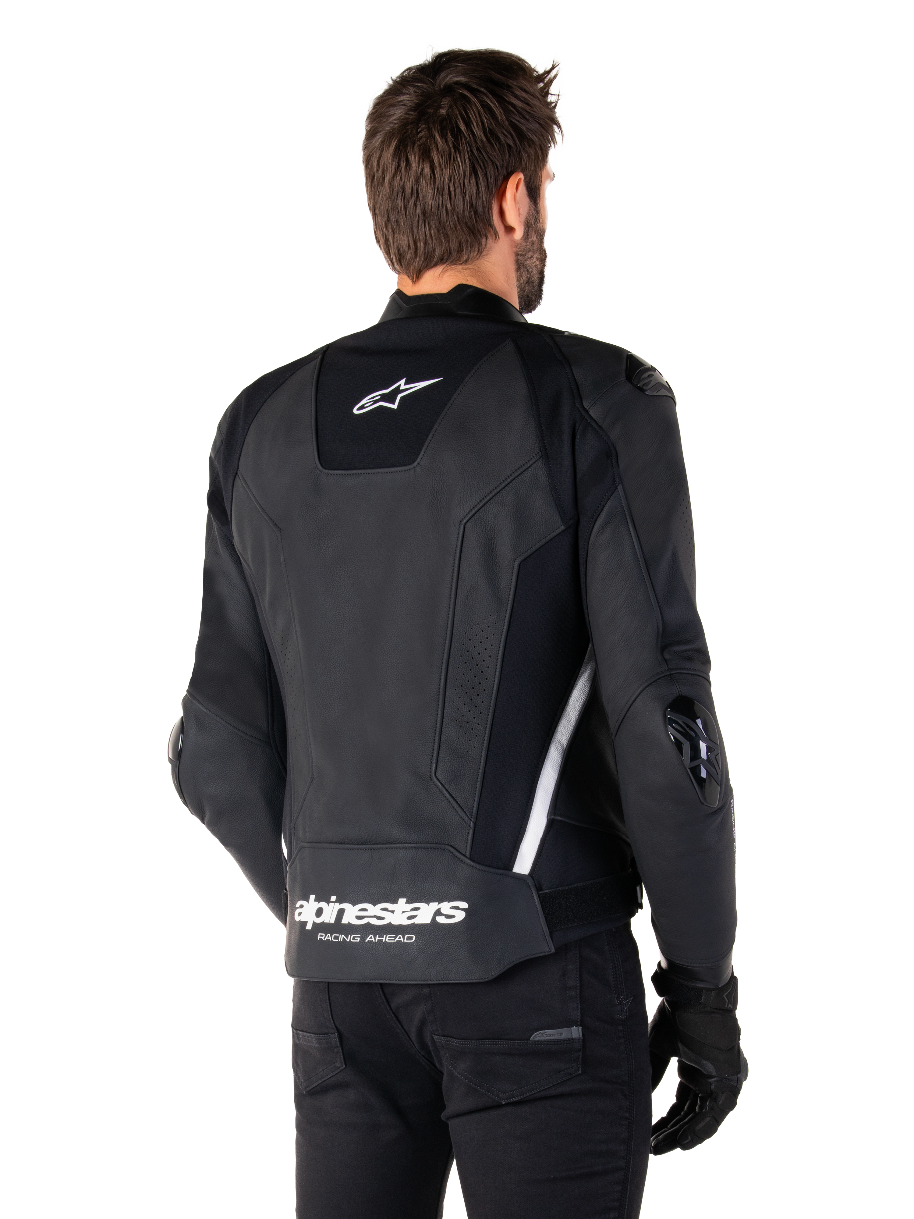 Alpinestars Missile V3 Leather Jacket, Rear view, Black and White, featuring the Alpinestars star logo on the upper back and wordmark on the lower back, protective sliders on elbows and shoulders, premium leather racing gear