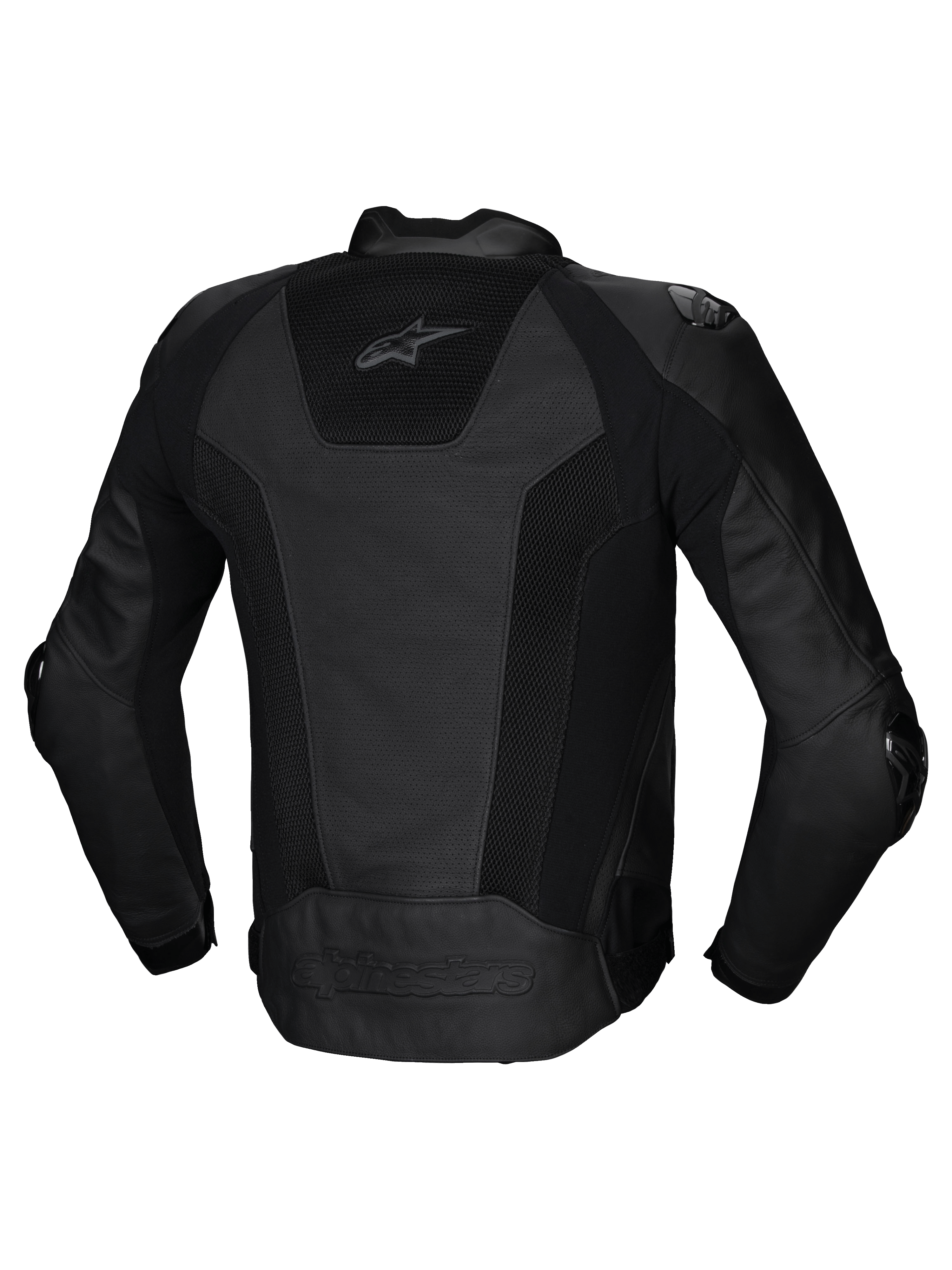 Alpinestars Missile V3 Airflow, casaco de moto em couro para homem, vista traseira, preto, com painéis perfurados e certificado CE classe AA