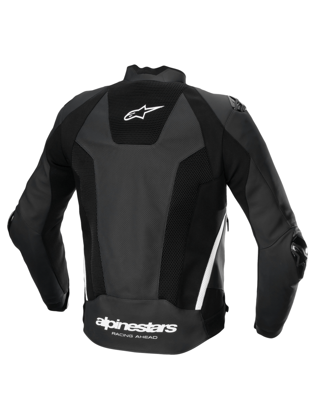 Alpinestars Jaqueta De Couro Missile V3 Airflow, casaco de moto para homem, vista traseira, preto e branco, couro perfurado premium com painéis elásticos e logótipo