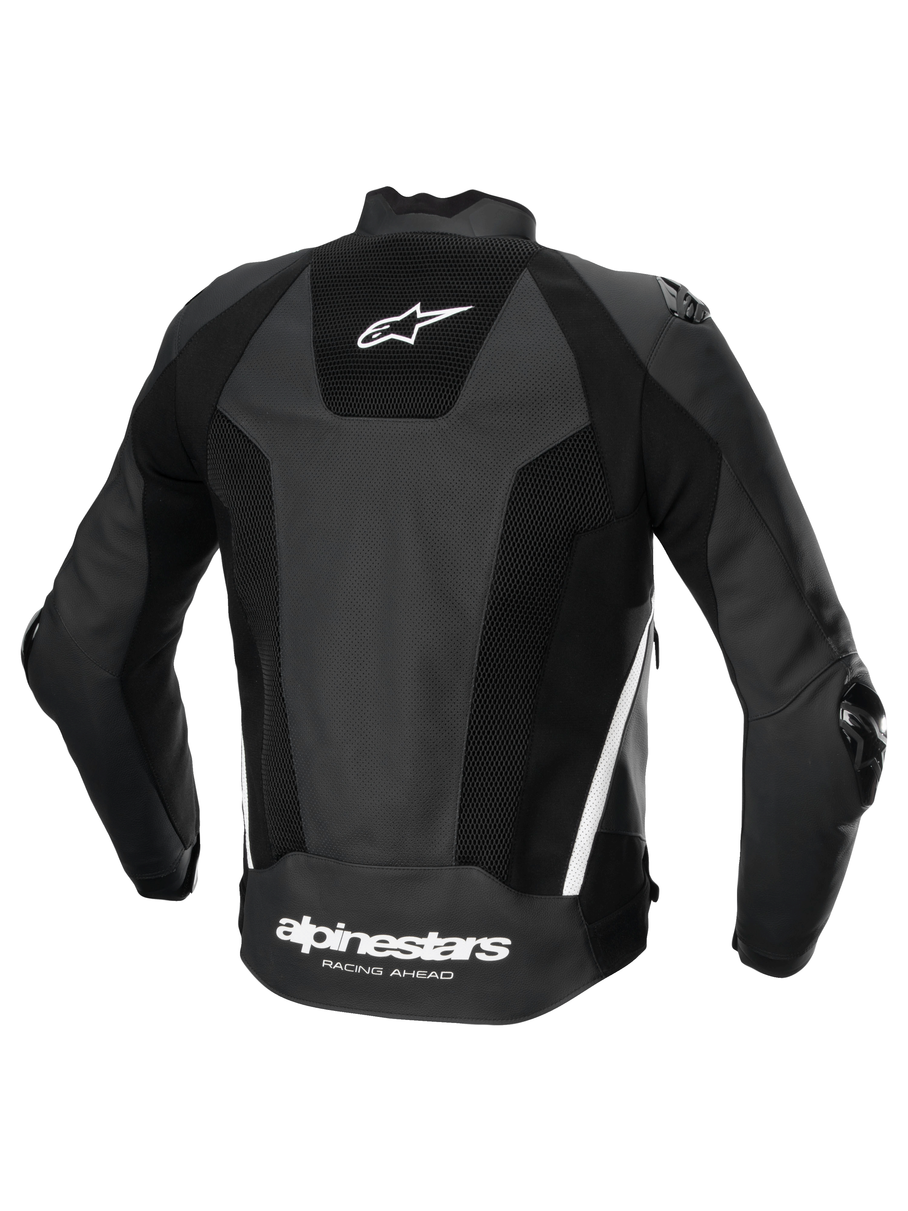 Alpinestars Jaqueta De Couro Missile V3 Airflow, casaco de moto para homem, vista traseira, preto e branco, couro perfurado premium com painéis elásticos e logótipo
