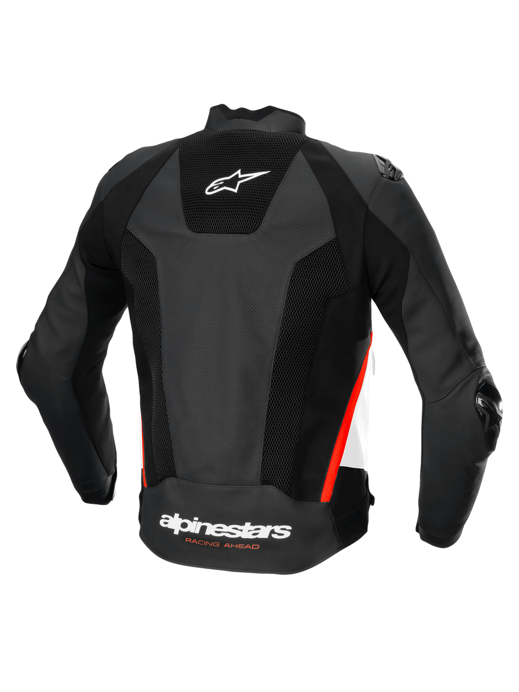 Alpinestars Missile V3 Airflow, blusão de moto de corrida e desporto para homem, vista traseira, preto com apontamentos brancos e vermelho fluo, em couro perfurado com proteção certificada CE