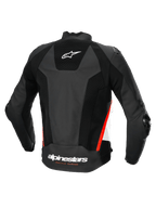 Alpinestars Missile V3 Airflow, blusão de moto de corrida e desporto para homem, vista traseira, preto com apontamentos brancos e vermelho fluo, em couro perfurado com proteção certificada CE