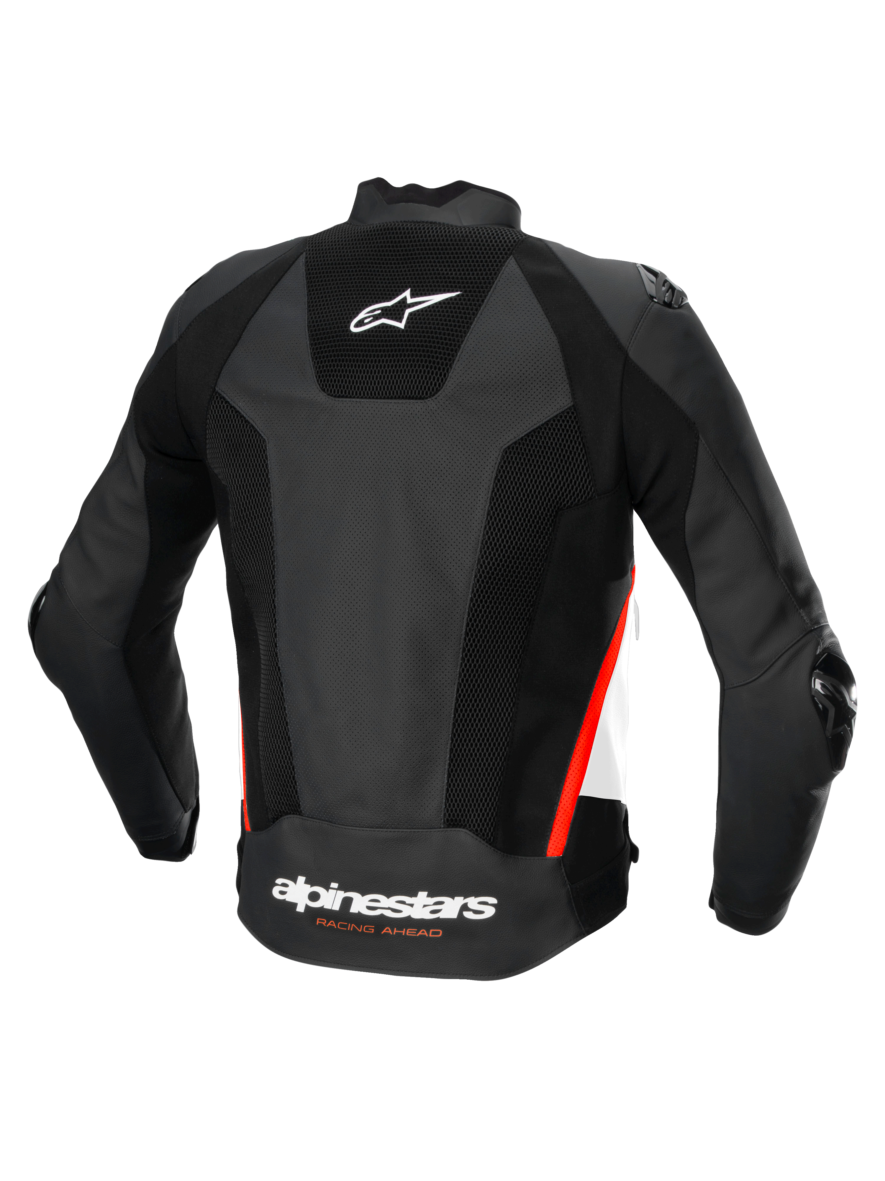 Alpinestars Missile V3 Airflow, blusão de moto de corrida e desporto para homem, vista traseira, preto com apontamentos brancos e vermelho fluo, em couro perfurado com proteção certificada CE