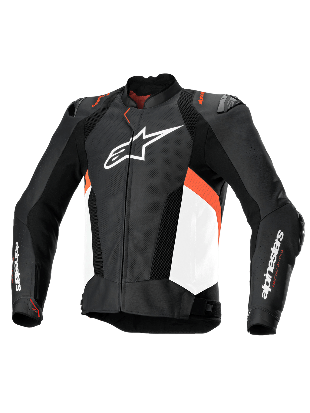 Alpinestars Missile V3 Airflow, blusão de moto de corrida para homem em preto, branco e vermelho fluo, em couro bovino perfurado com certificação CE