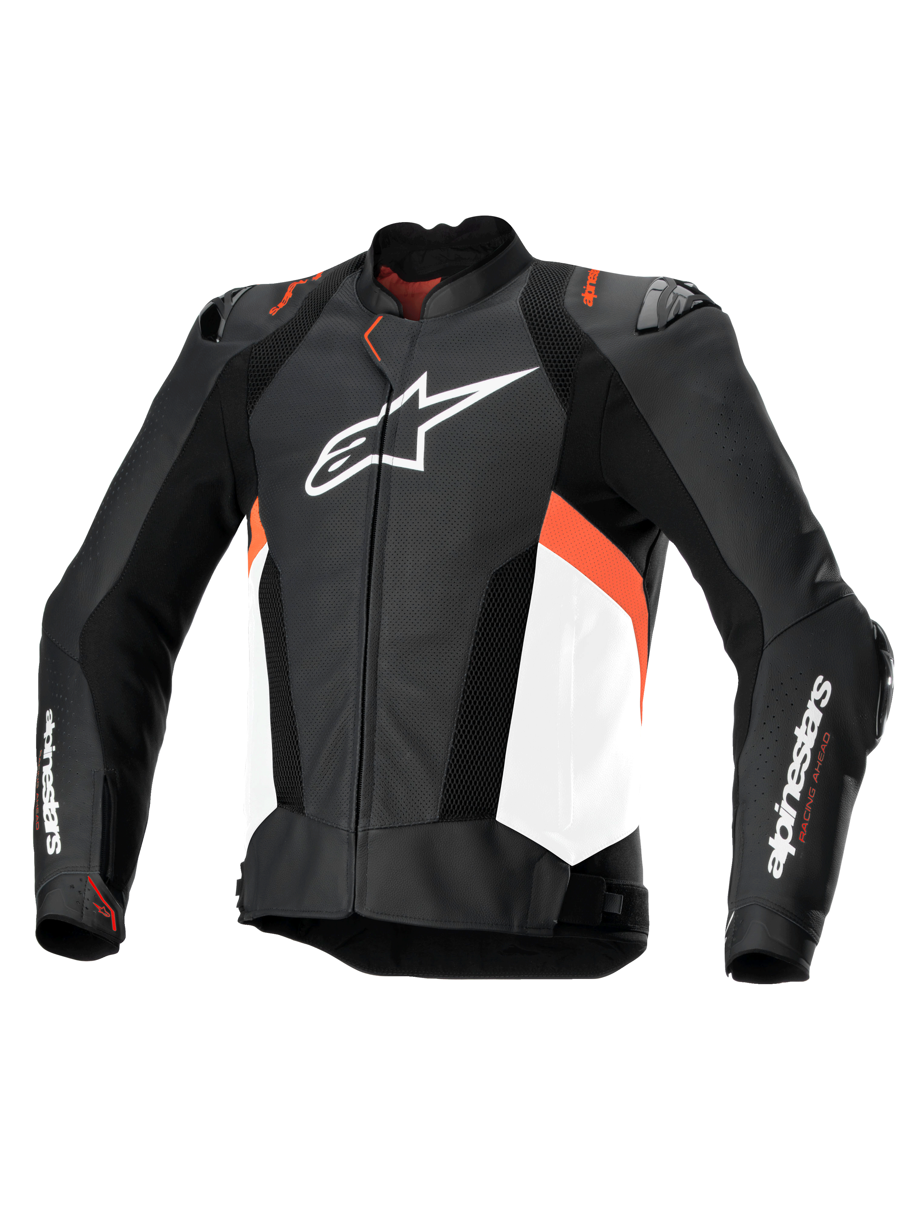 Alpinestars Missile V3 Airflow, blusão de moto de corrida para homem em preto, branco e vermelho fluo, em couro bovino perfurado com certificação CE