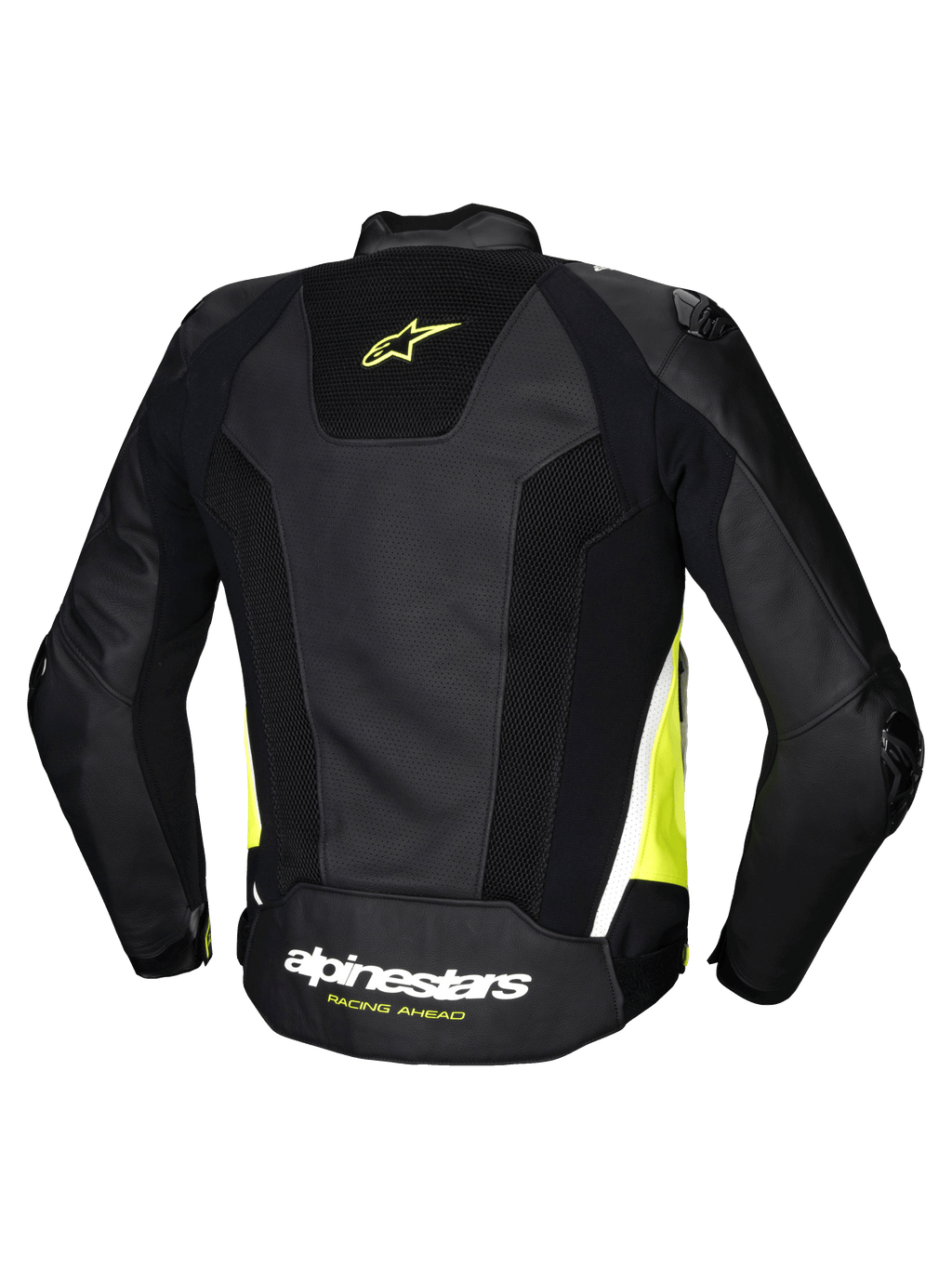 Alpinestars Jaqueta De Couro Missile V3 Airflow, casaco de moto desportivo para homem, vista traseira em preto, amarelo fluo e branco com painéis perfurados em couro e elásticos, certificado CE classe AA