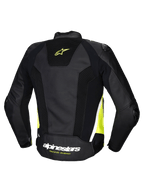 Alpinestars Jaqueta De Couro Missile V3 Airflow, casaco de moto desportivo para homem, vista traseira em preto, amarelo fluo e branco com painéis perfurados em couro e elásticos, certificado CE classe AA