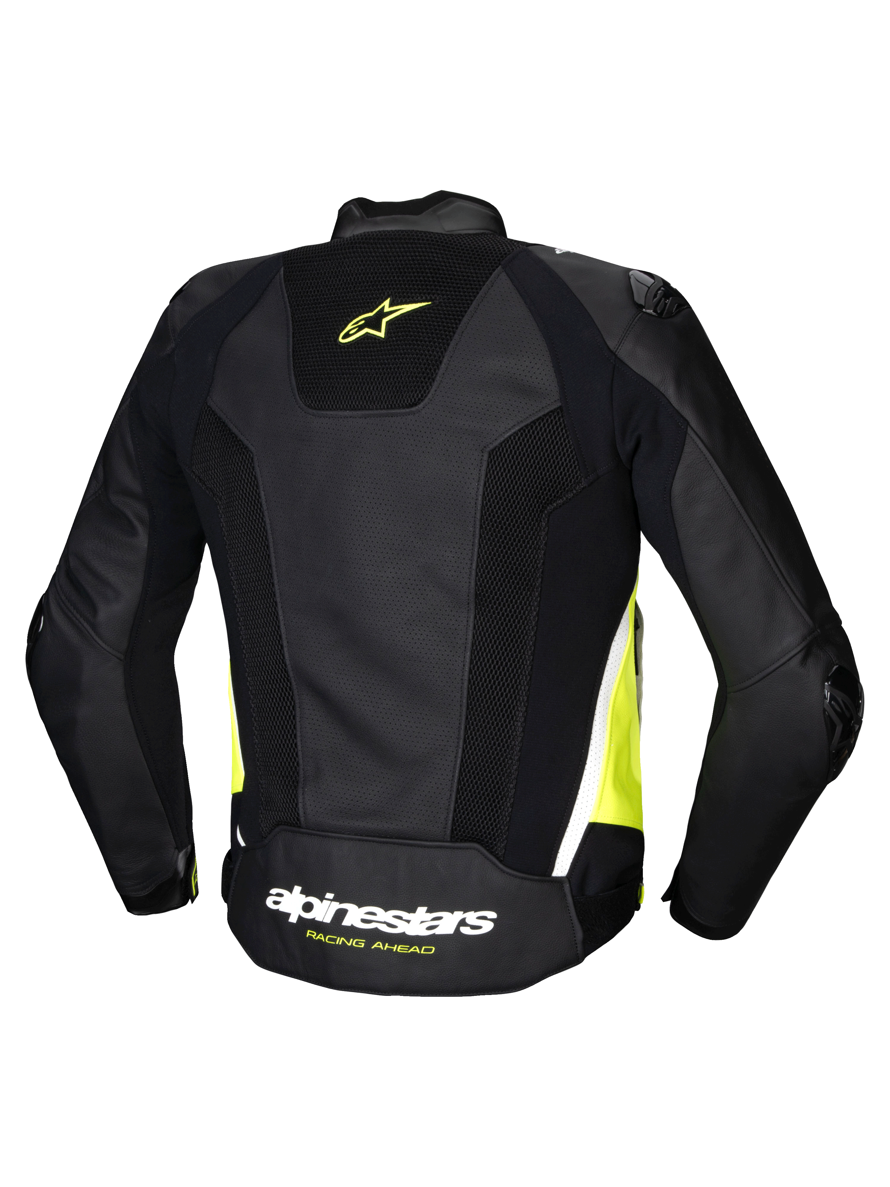 Alpinestars Jaqueta De Couro Missile V3 Airflow, casaco de moto desportivo para homem, vista traseira em preto, amarelo fluo e branco com painéis perfurados em couro e elásticos, certificado CE classe AA