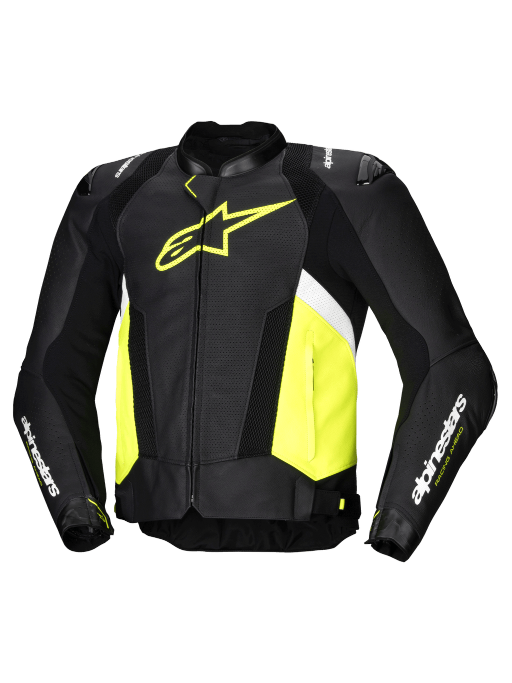 Alpinestars Jaqueta De Couro Missile V3 Airflow, casaco de moto para homem, preto, amarelo flúor e branco, couro bovino perfurado com proteções DFS e design Tech-Air ready