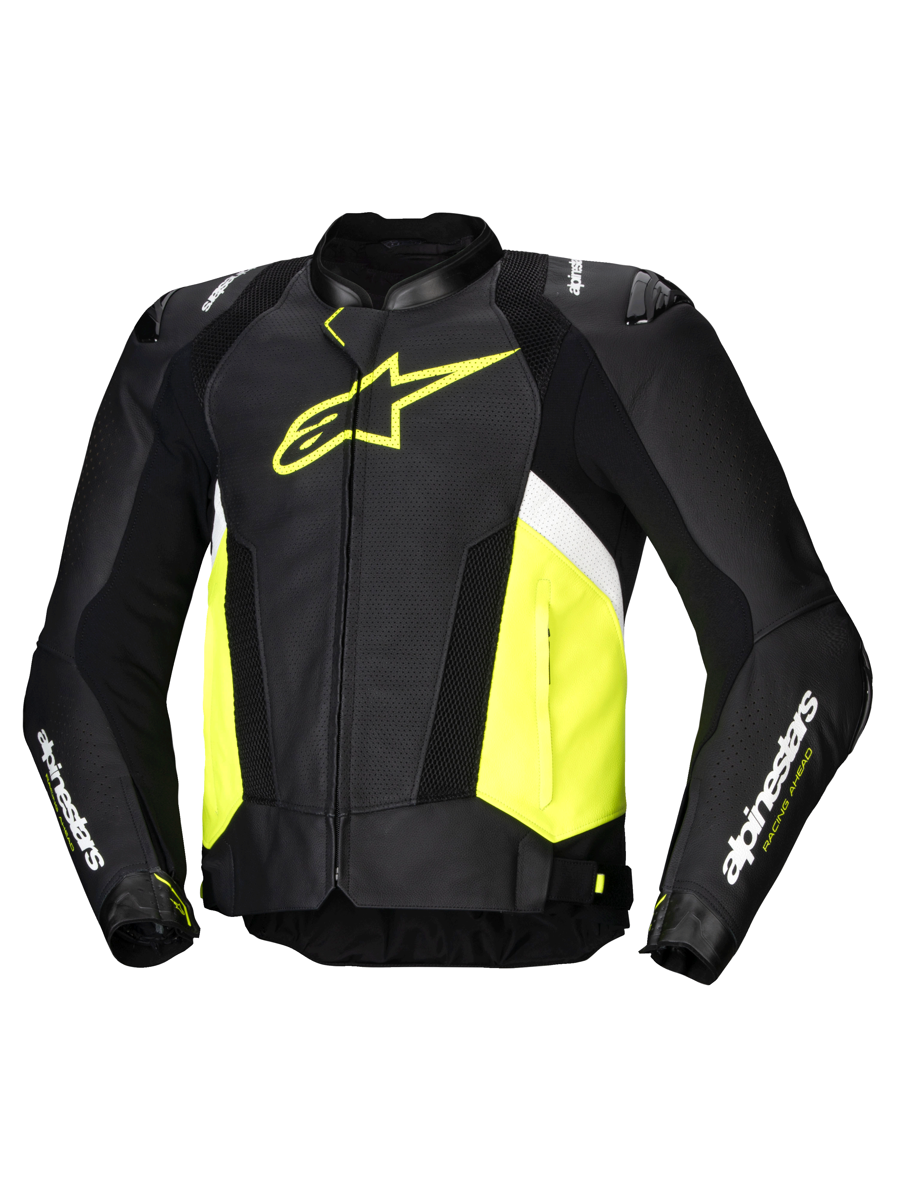 Alpinestars Jaqueta De Couro Missile V3 Airflow, casaco de moto para homem, preto, amarelo flúor e branco, couro bovino perfurado com proteções DFS e design Tech-Air ready