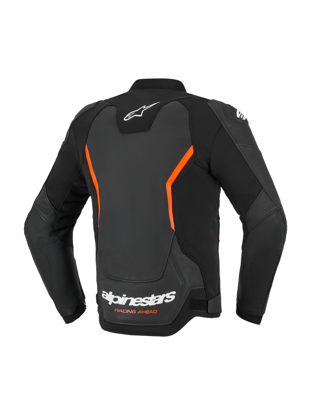 Alpinestars GP Force V2 Leather Jacket, casaco de motociclismo em pele, preto e vermelho fluo, vista traseira com logótipos Alpinestars brancos e texto "Racing Ahead" cor de laranja, detalhes angulares em vermelho fluo, construção multi-painel com mangas pré-curvadas